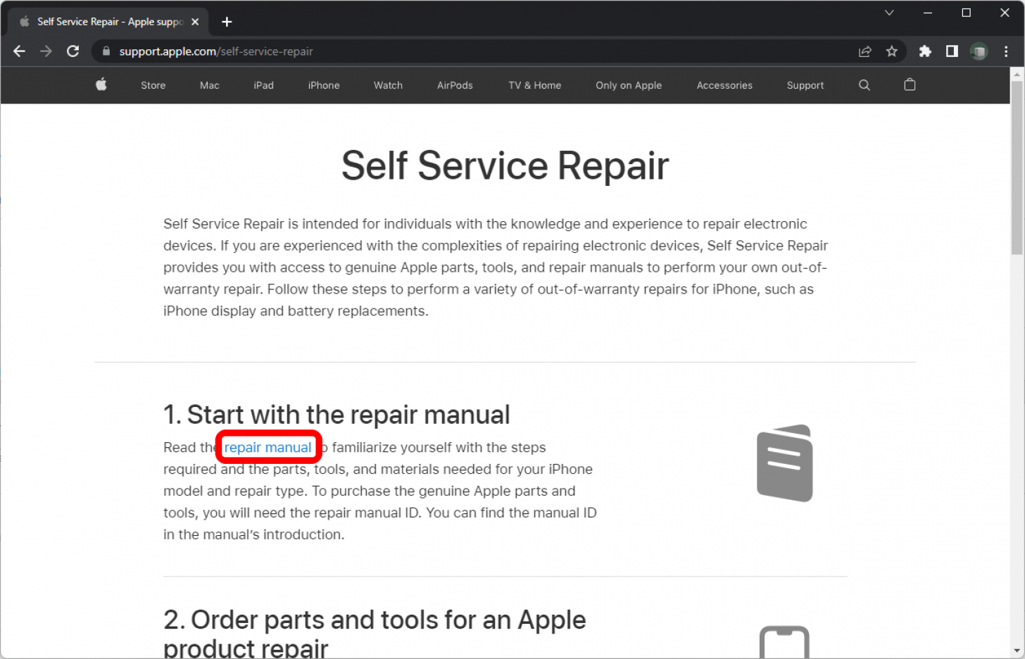 Chrome on the Apple Self Service Repair web page with the link to "repair manual" marked.