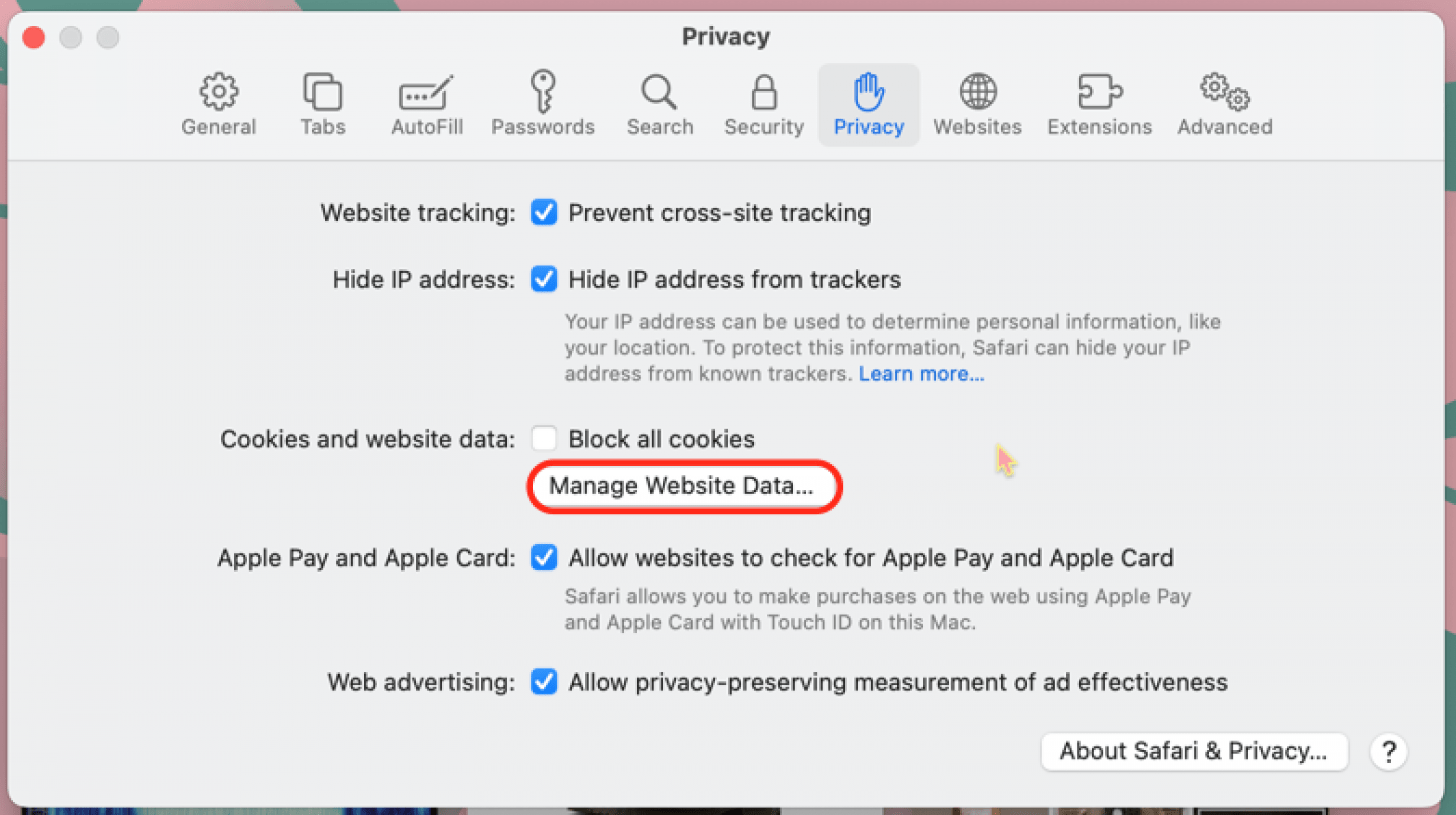 click manage webiste data to clear cookies on mac