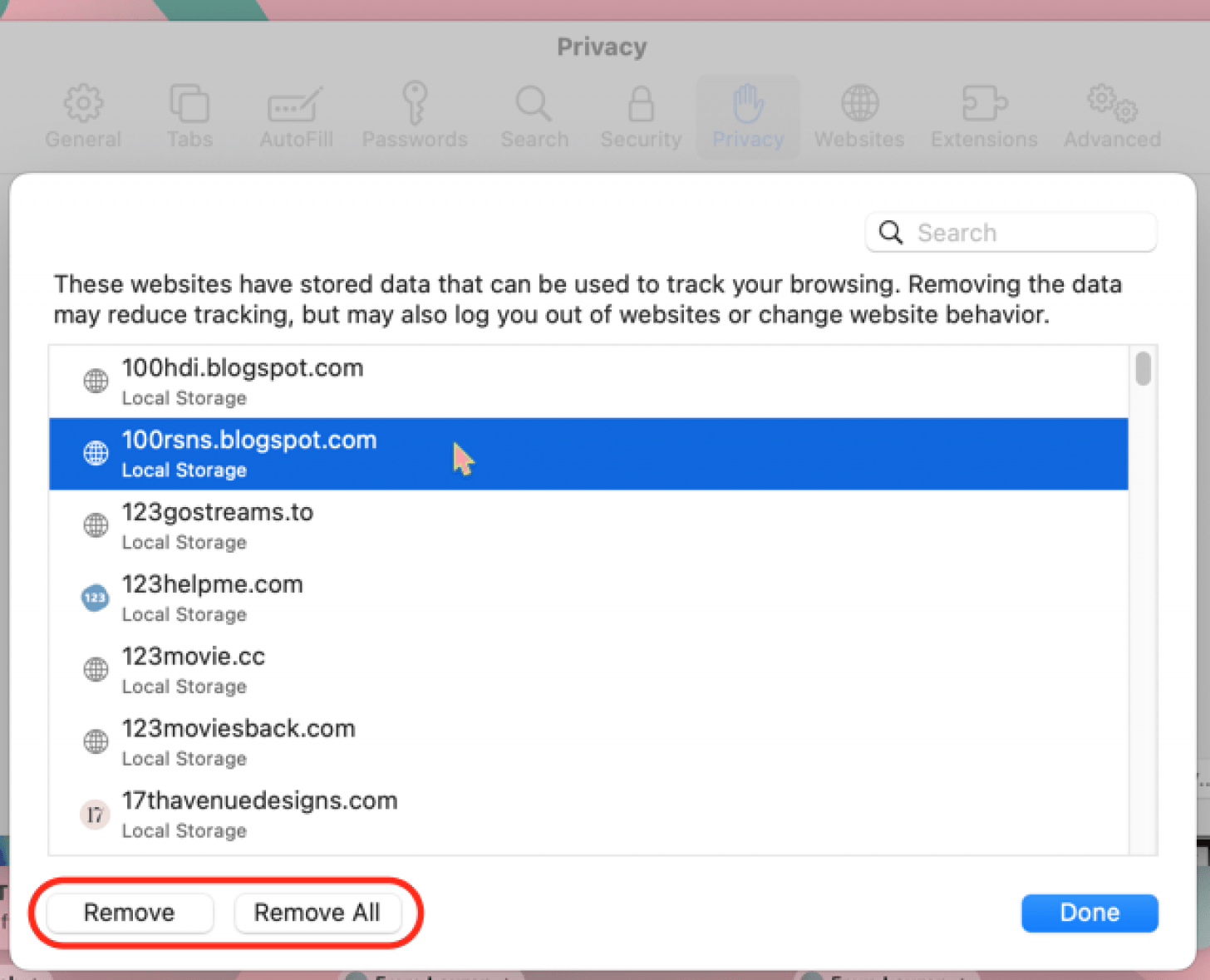 click remove or remove all to clear cookies on mac