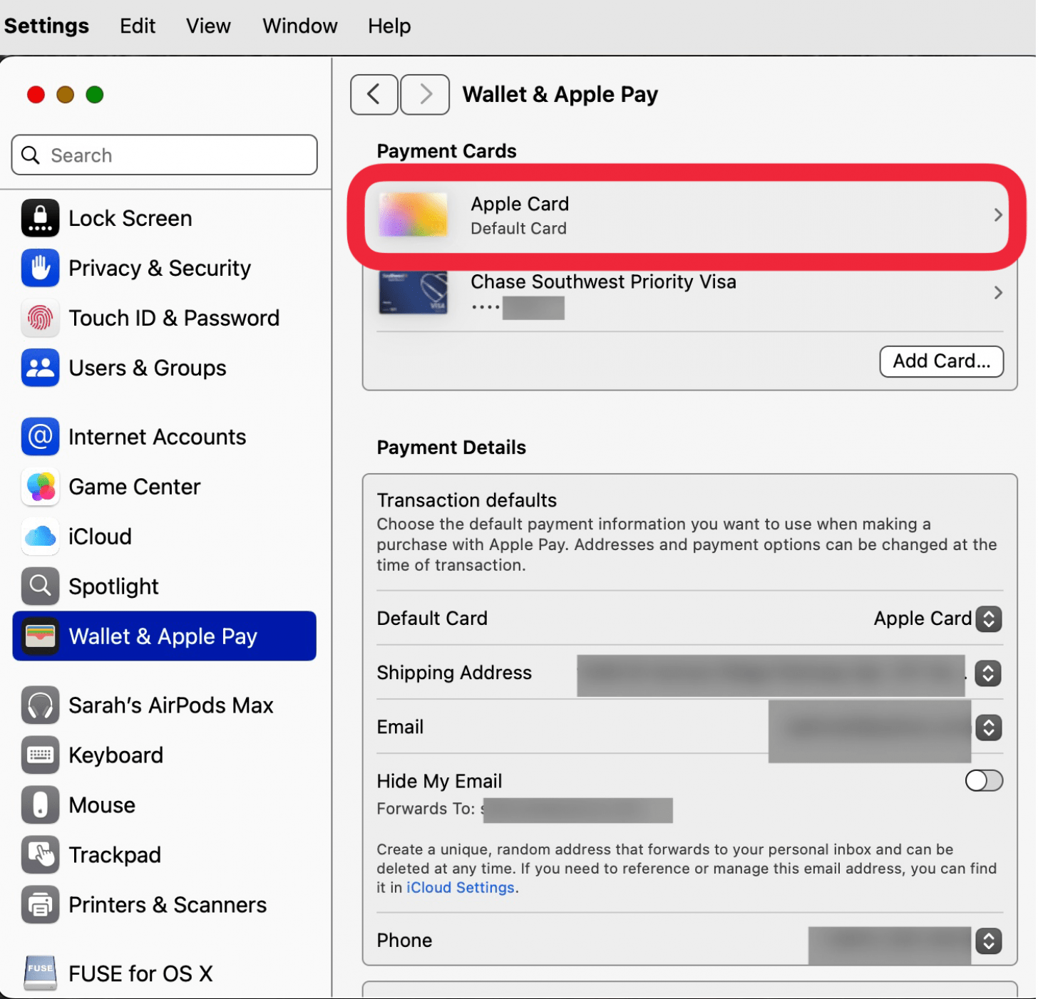 click the card you want to change default card apple pay