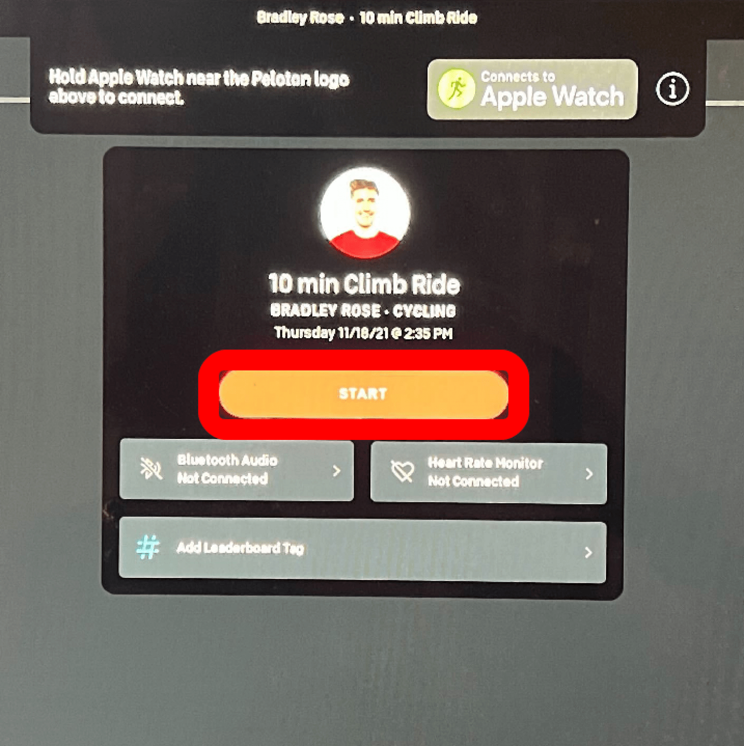 Tap start - connect apple watch to peloton