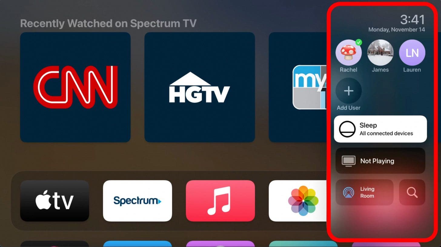 The Control Center will appear in the right hand side of your TV screen.