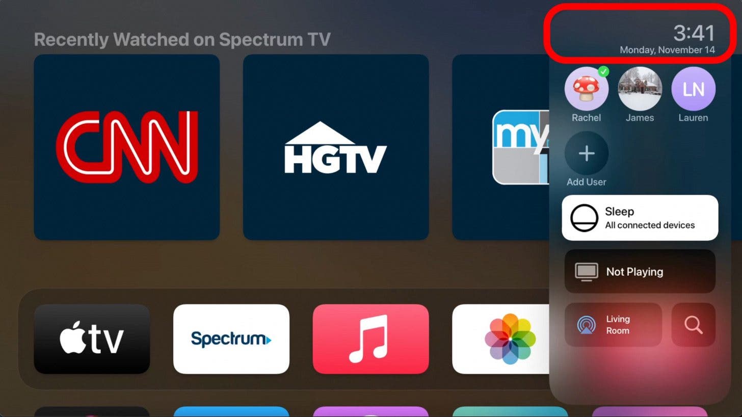 At the top of the Control Center, you will see the time and date.