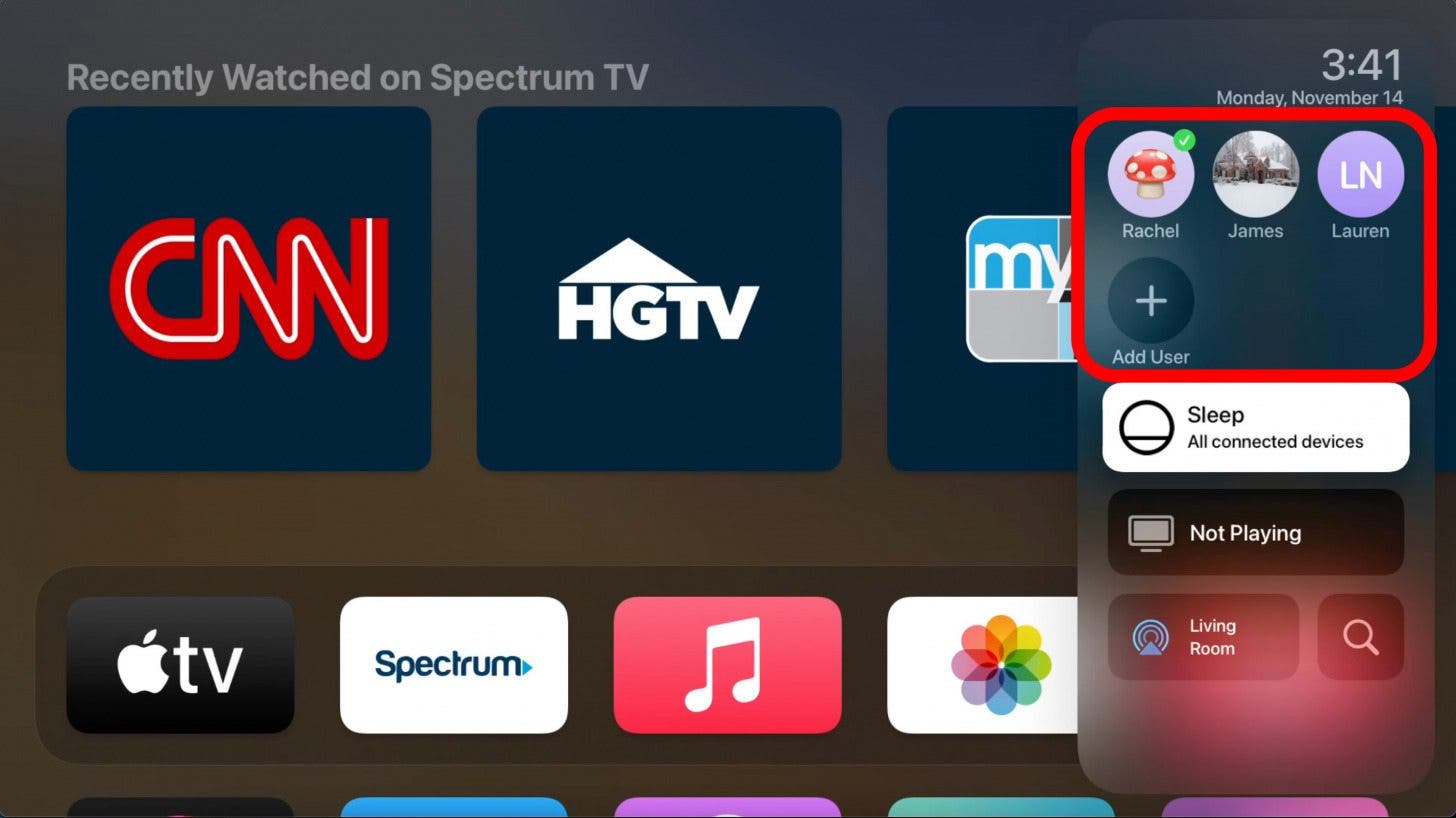Beneath the date is the list of users that have access to this Apple TV. You can easily switch between user profiles by clicking on the one you want to switch to.