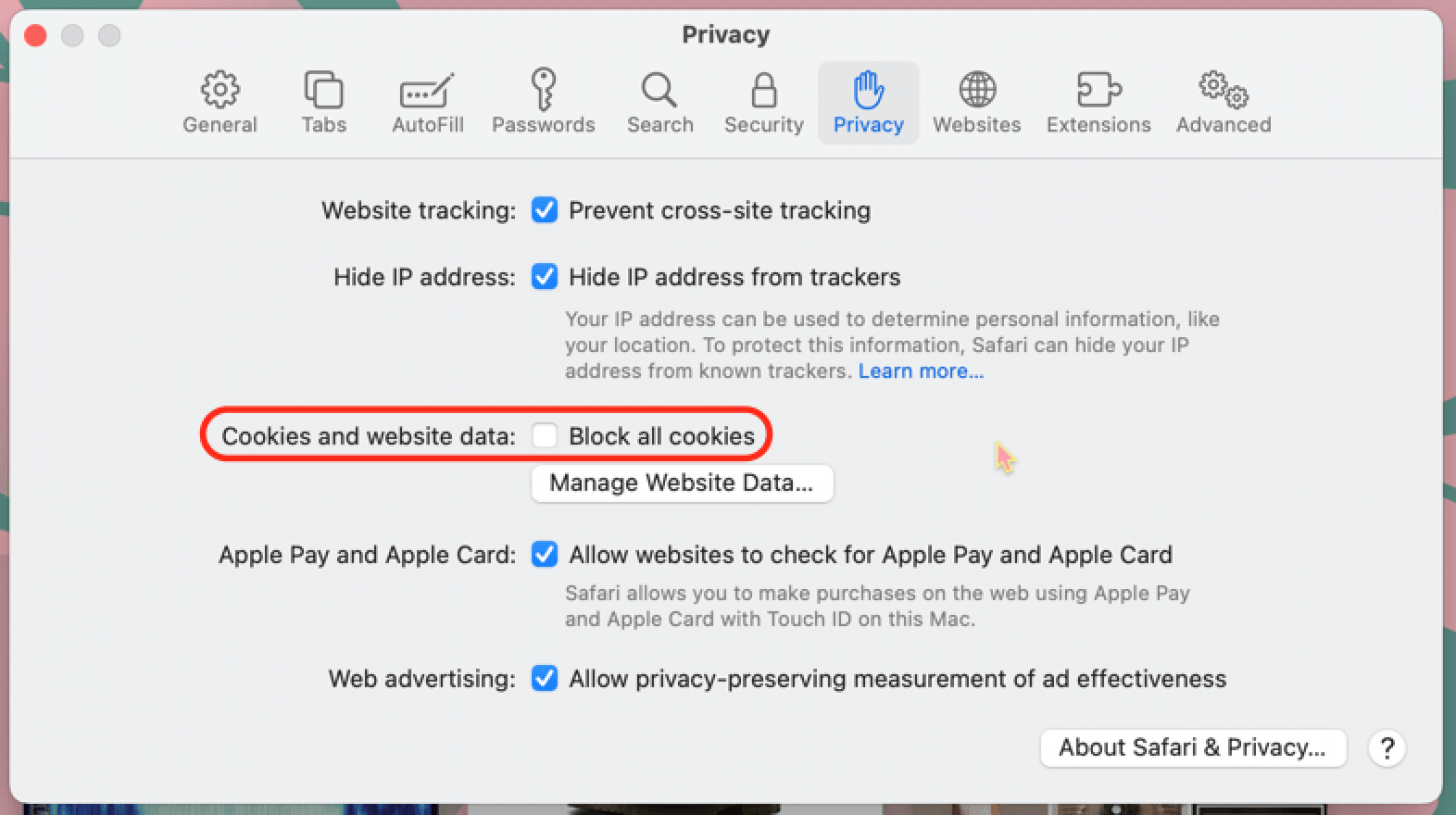 deselect block all cookies to enable cookies on mac