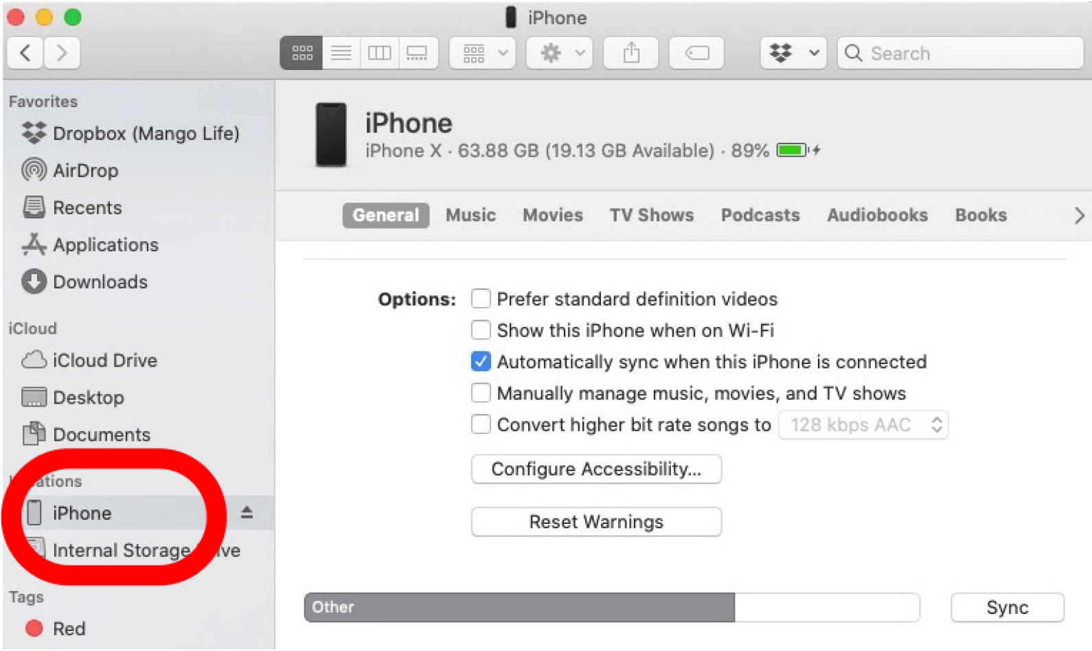 click on your iPhone under Locations in the Finder