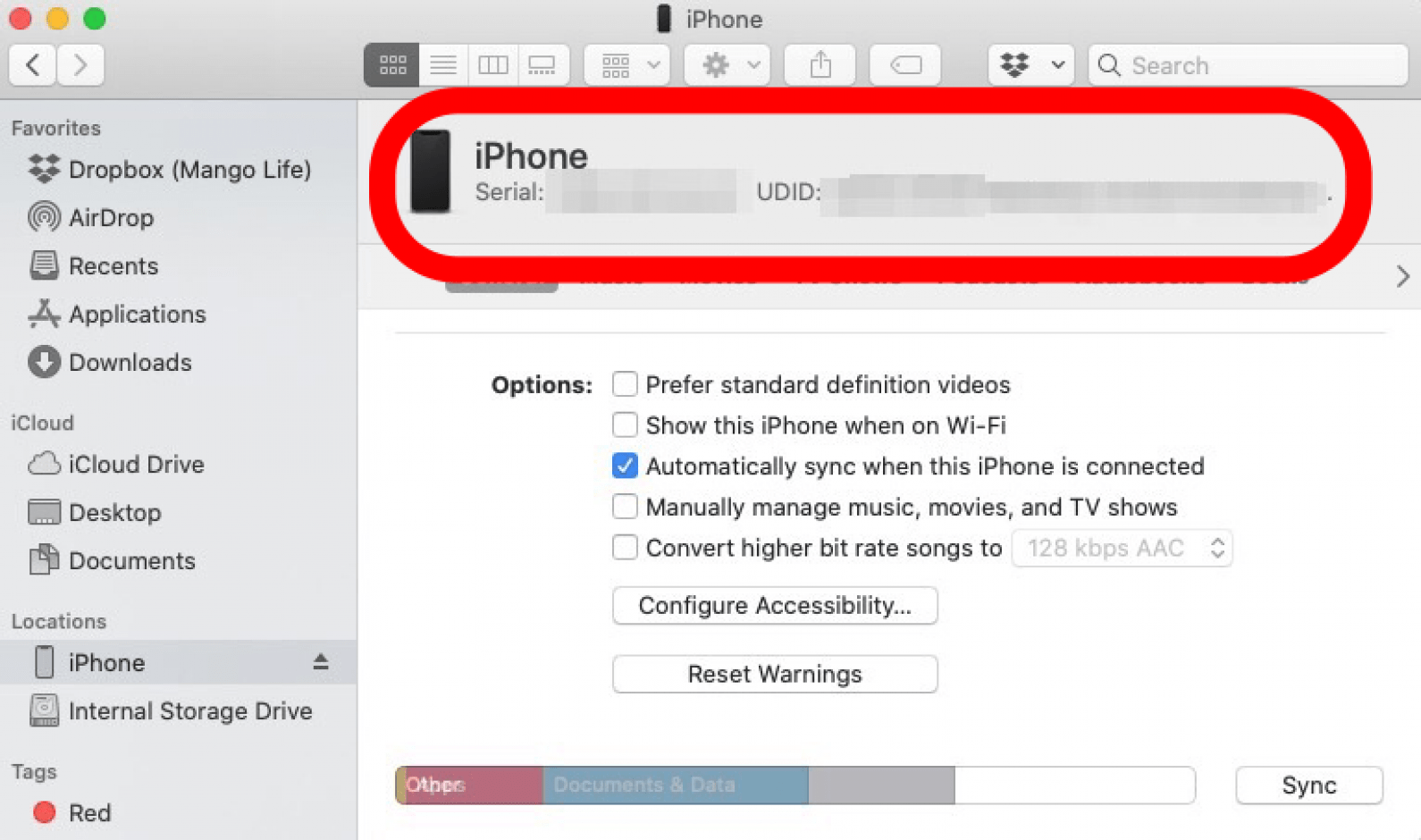 click on name of iphone to reveal serial number