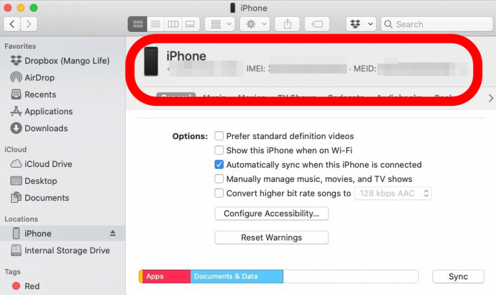 find your iphone imei in finder under iphone name