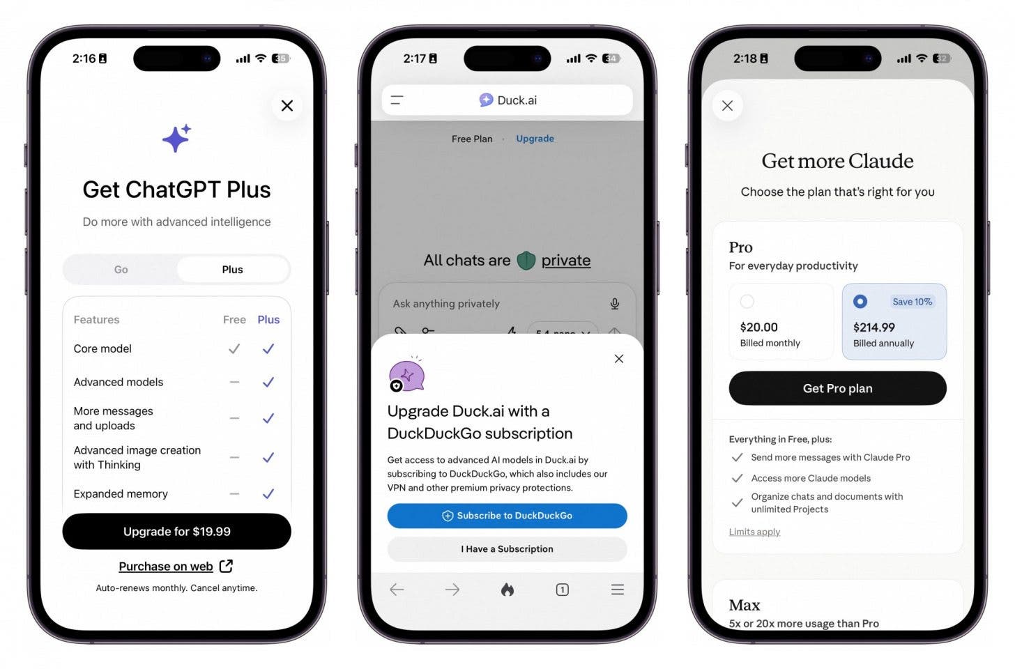 an image of three iphones displaying upgrade options for chatgpt, duckduckgo ai, and claude