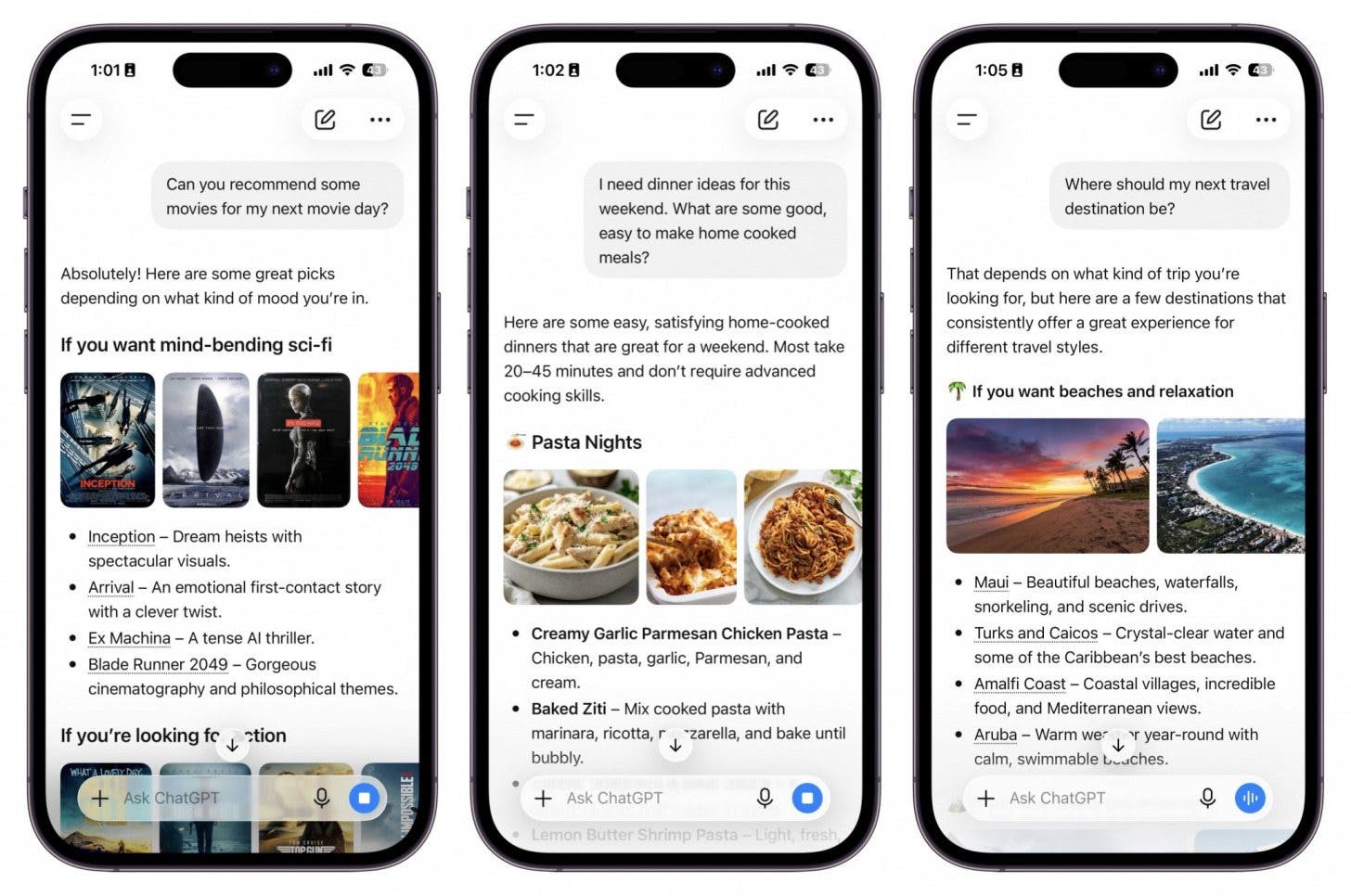 an image of three iphones side by side, each one showing different chatgpt prompts for movie recommendations, recipes, and travel tips