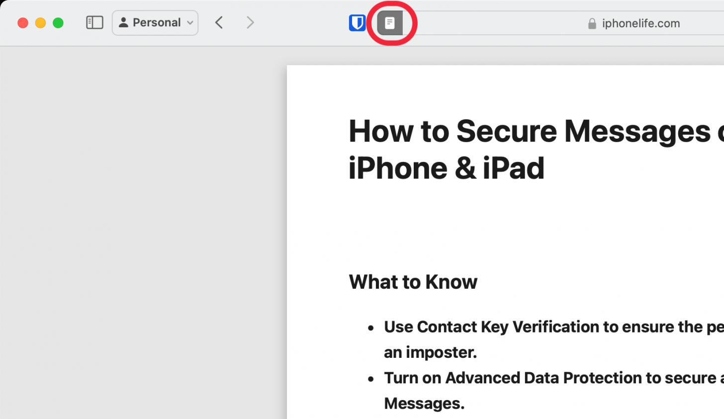 safari on mac displaying an article at iphonelife.com with the reader open and a red box around the reader view button