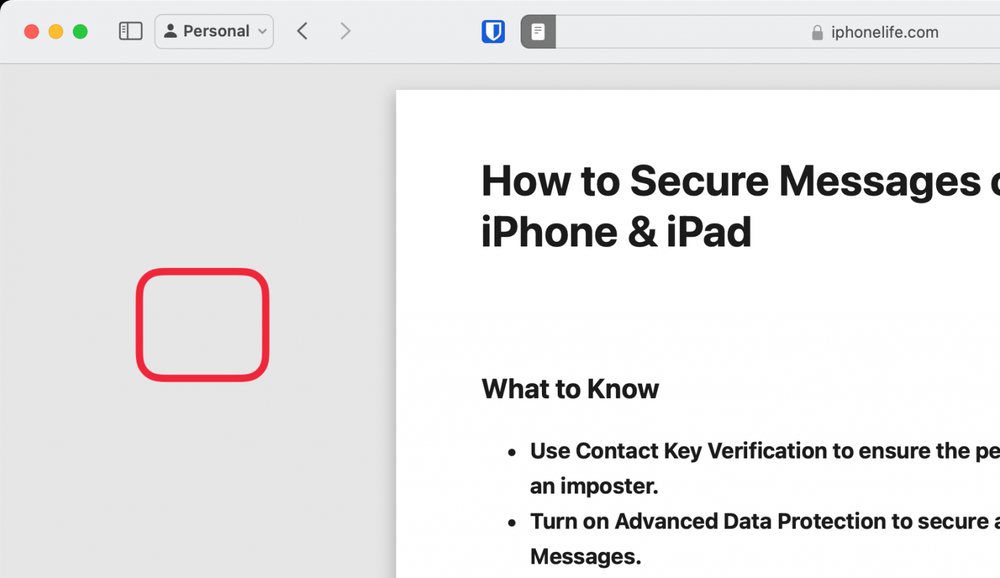 safari on mac displaying an article at iphonelife.com with the reader open and a red box around an empty space to the left of the article