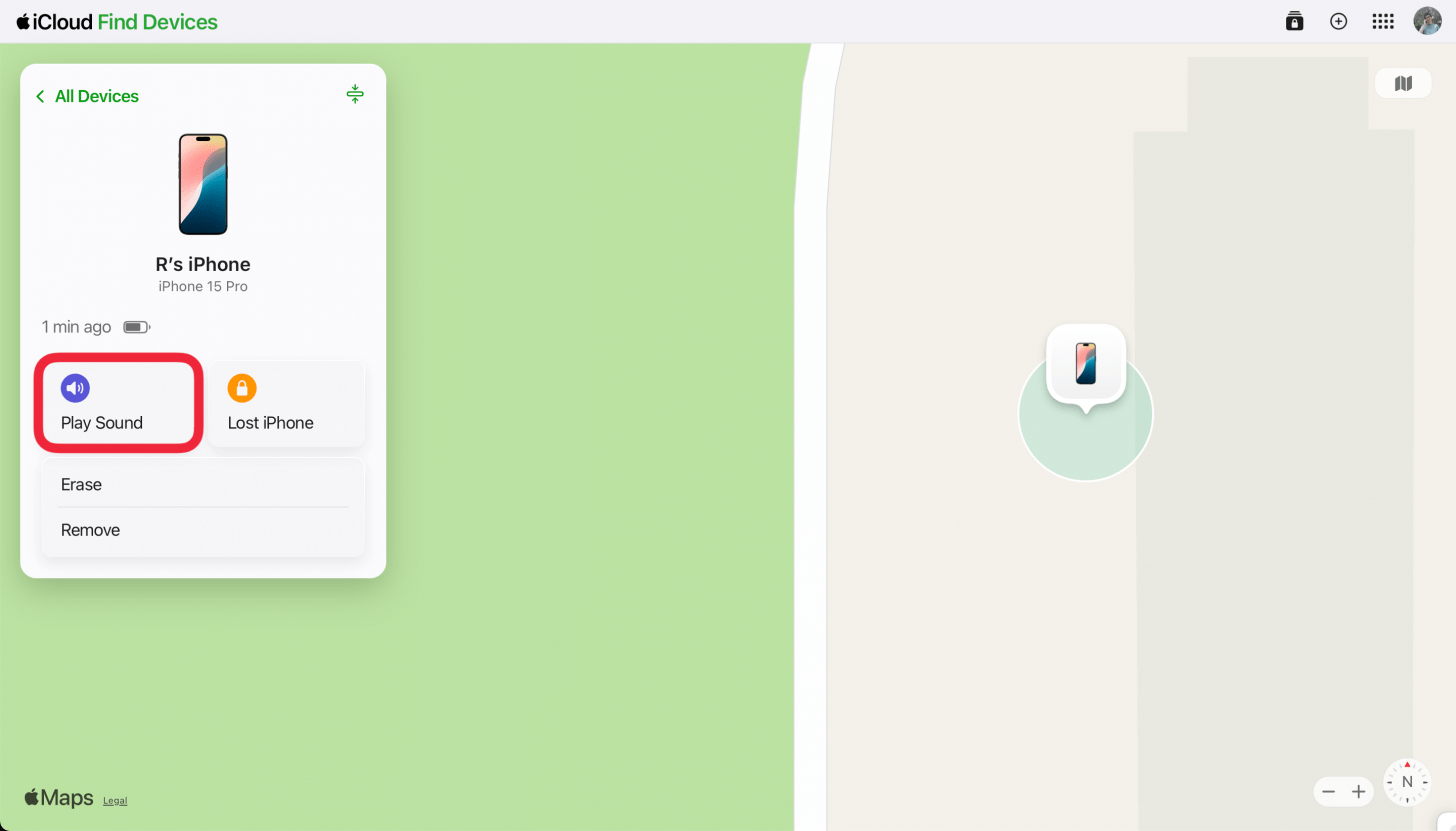 a screenshot of the icloud find my website displaying device details with a red box around play sound