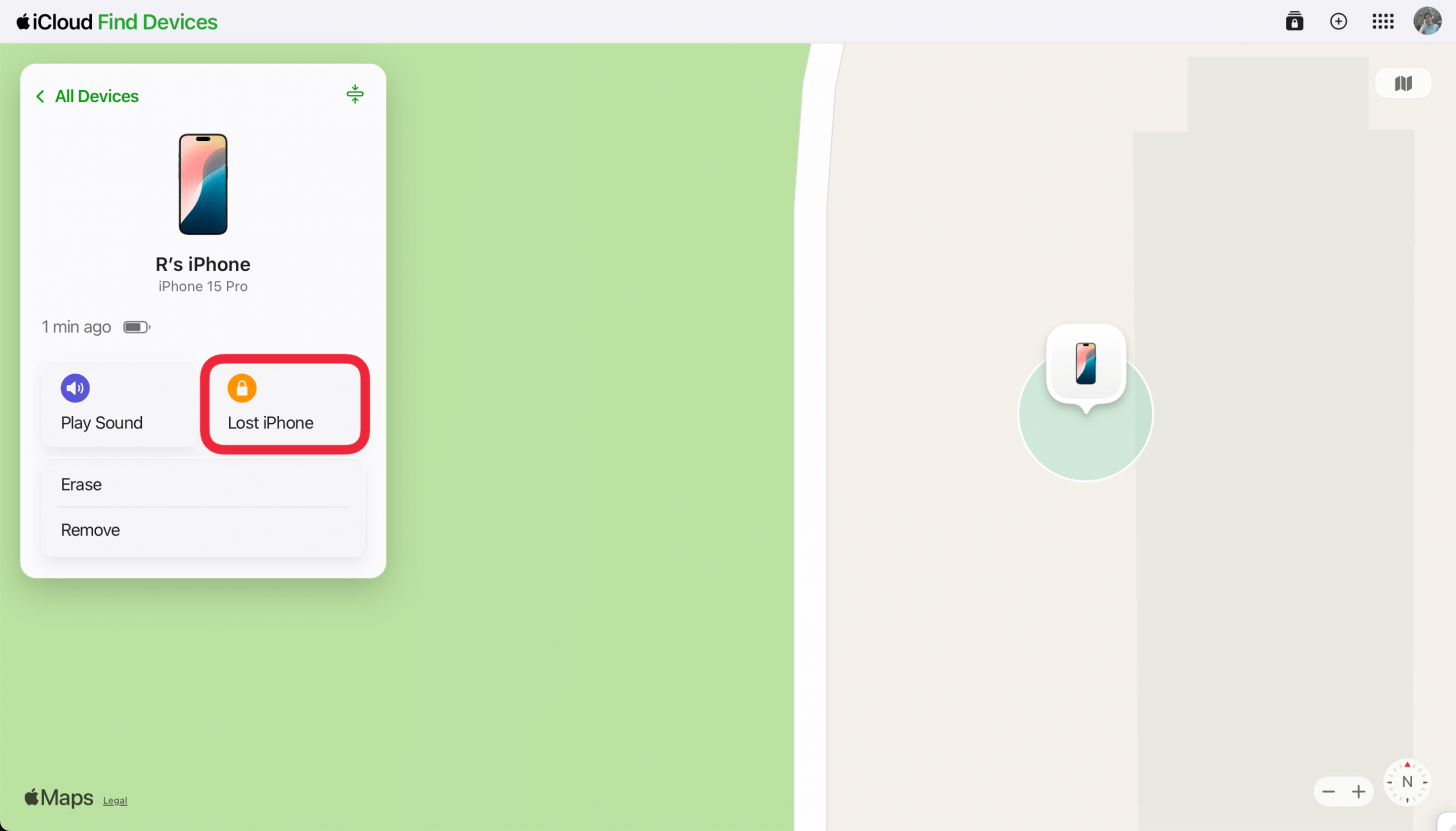 a screenshot of the icloud find my website displaying device details with a red box around lost iphone