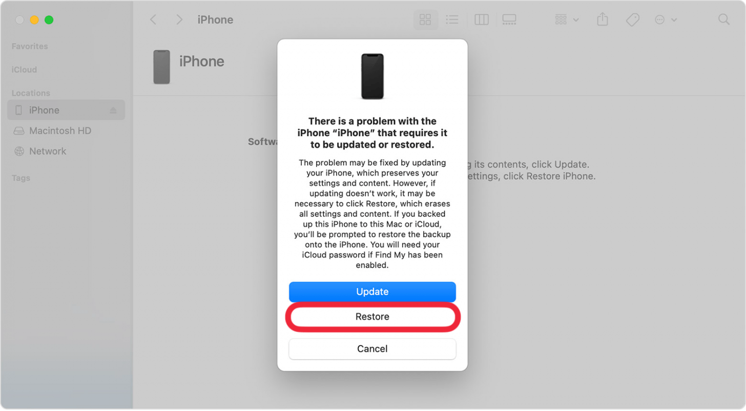 a finder screenshot asking if the user wishes to restore this device with a red box around the restore button