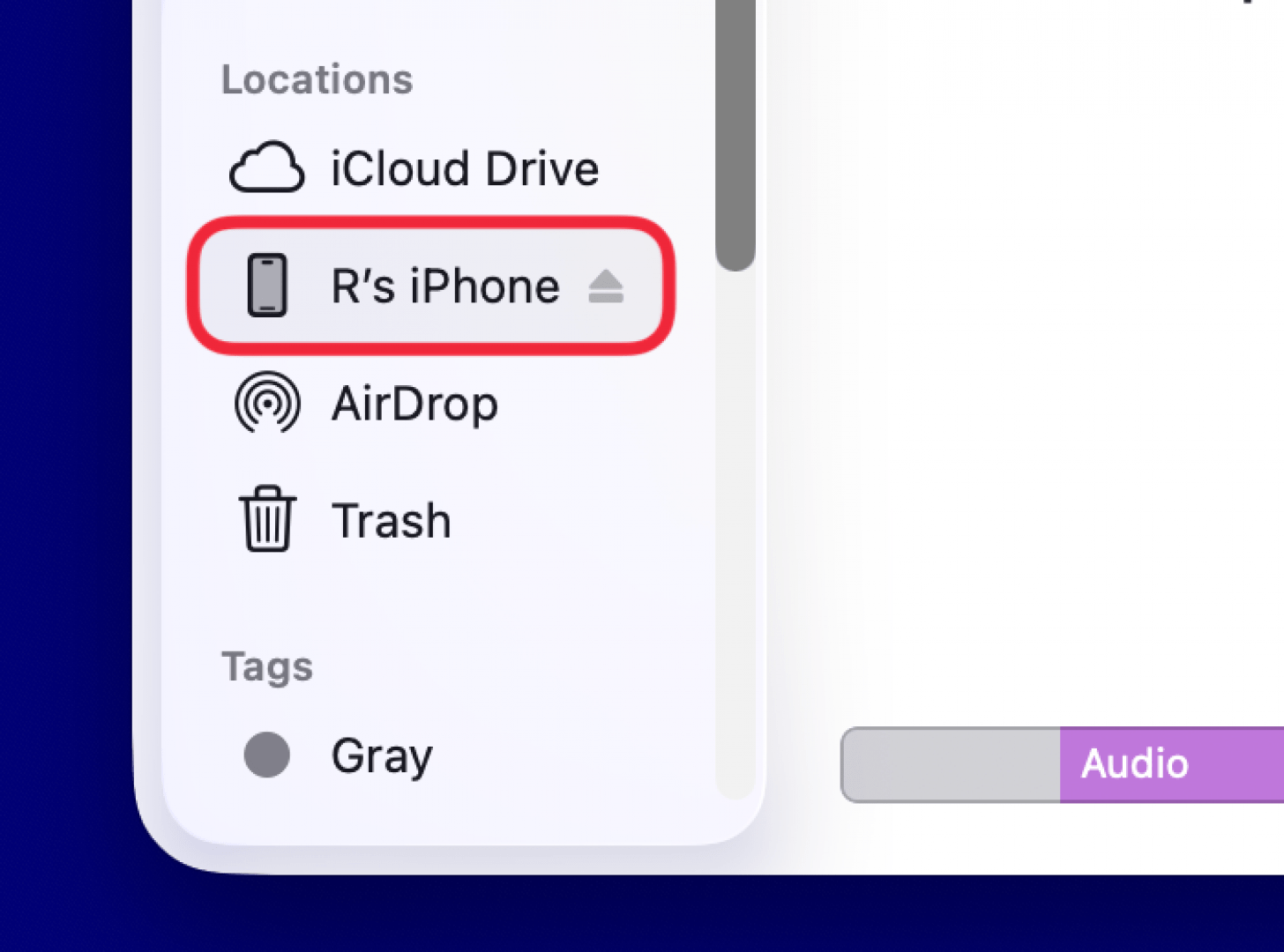 macos finder with a red box around "R's iPhone" in the sidebar