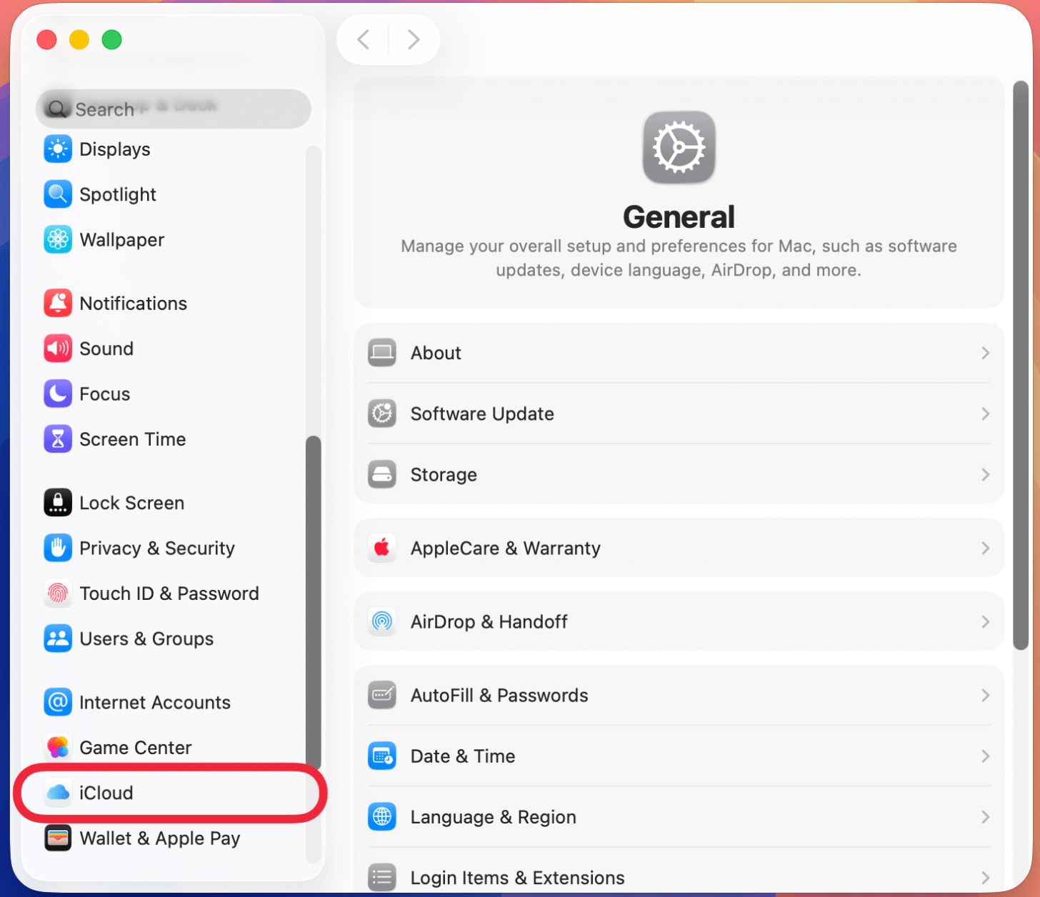 mac system settings with a red box around icloud