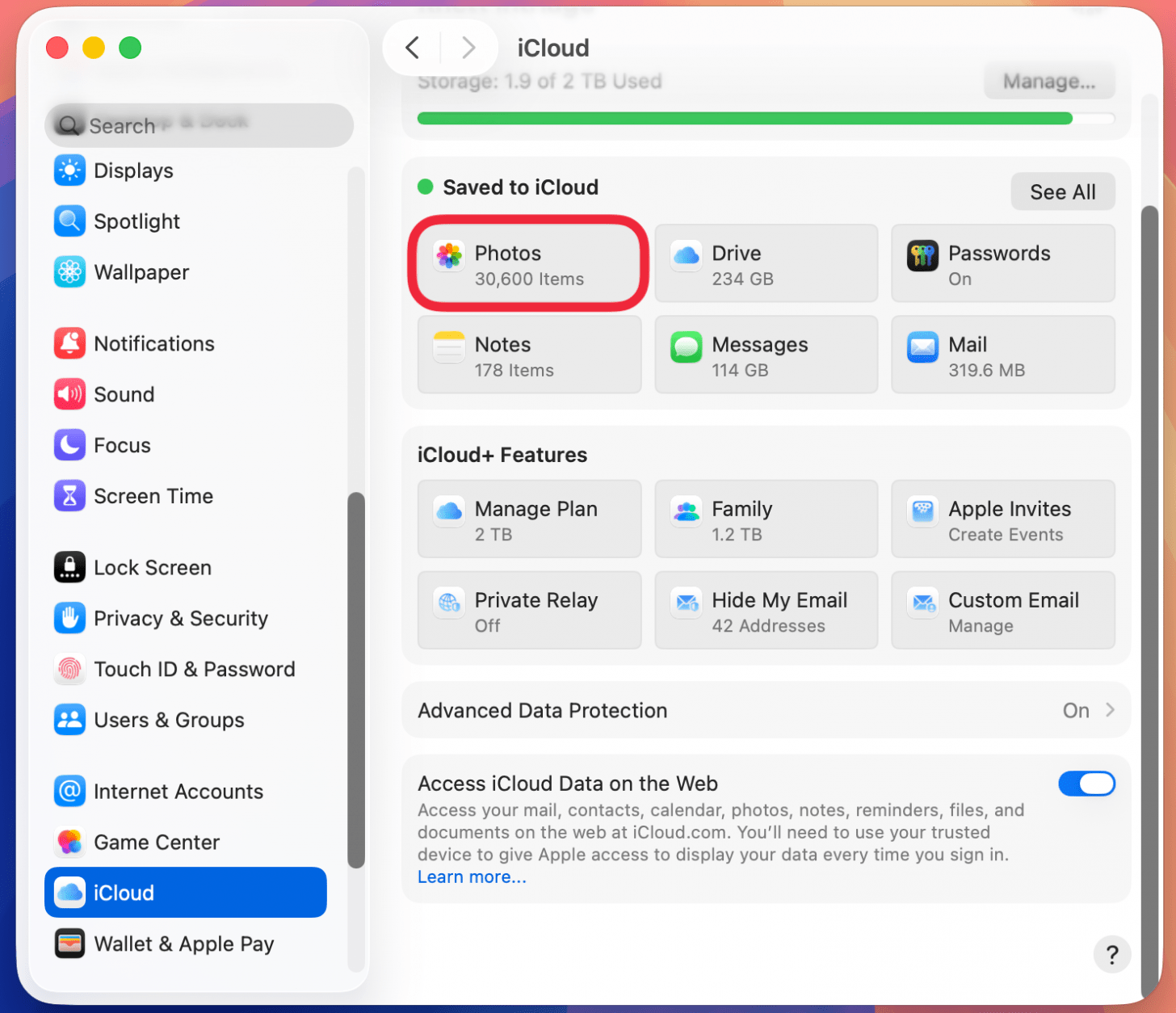 mac icloud settings with a red box around photos