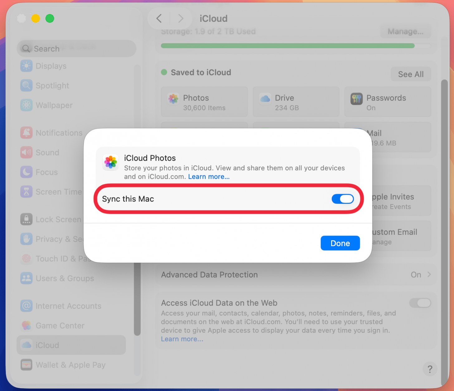 mac icloud photos setting with a red box around sync with this mac toggle