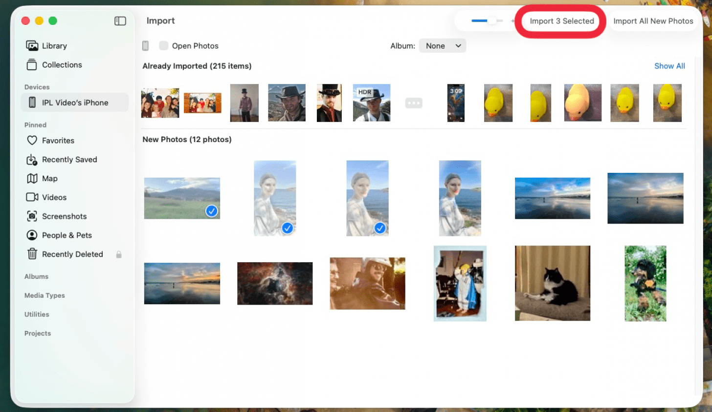 a screenshot of the photos app on mac displaying photos that can be imported with a red box around the import selected button