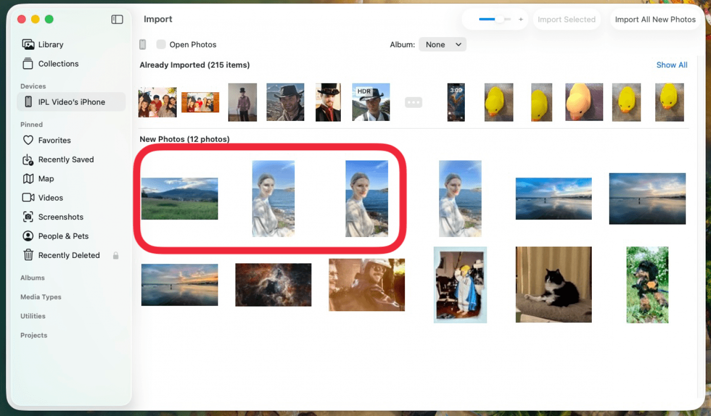 a screenshot of the photos app on mac displaying photos that can be imported with a red box around a selection of photos