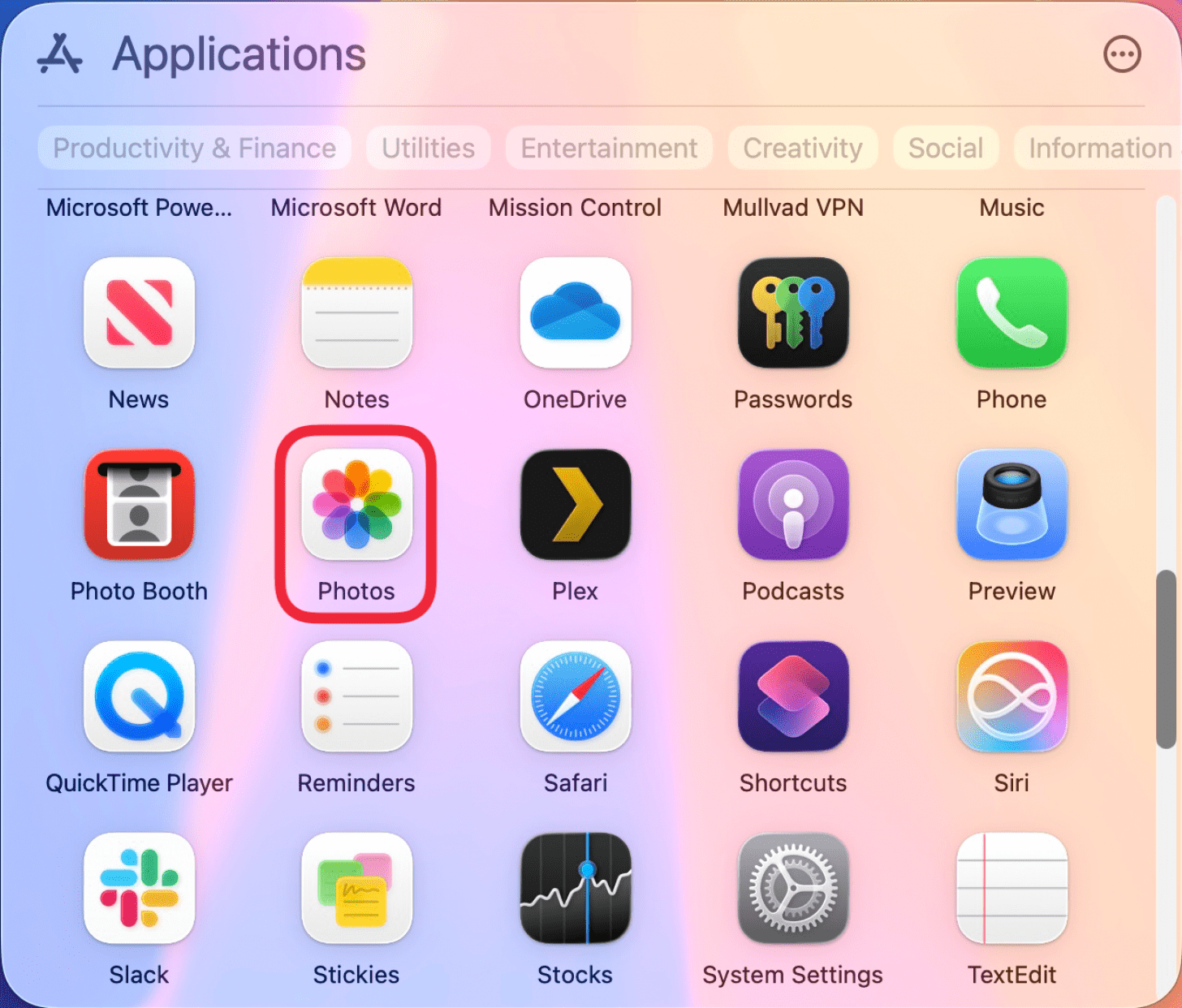 mac app drawer with a red box around the photos app