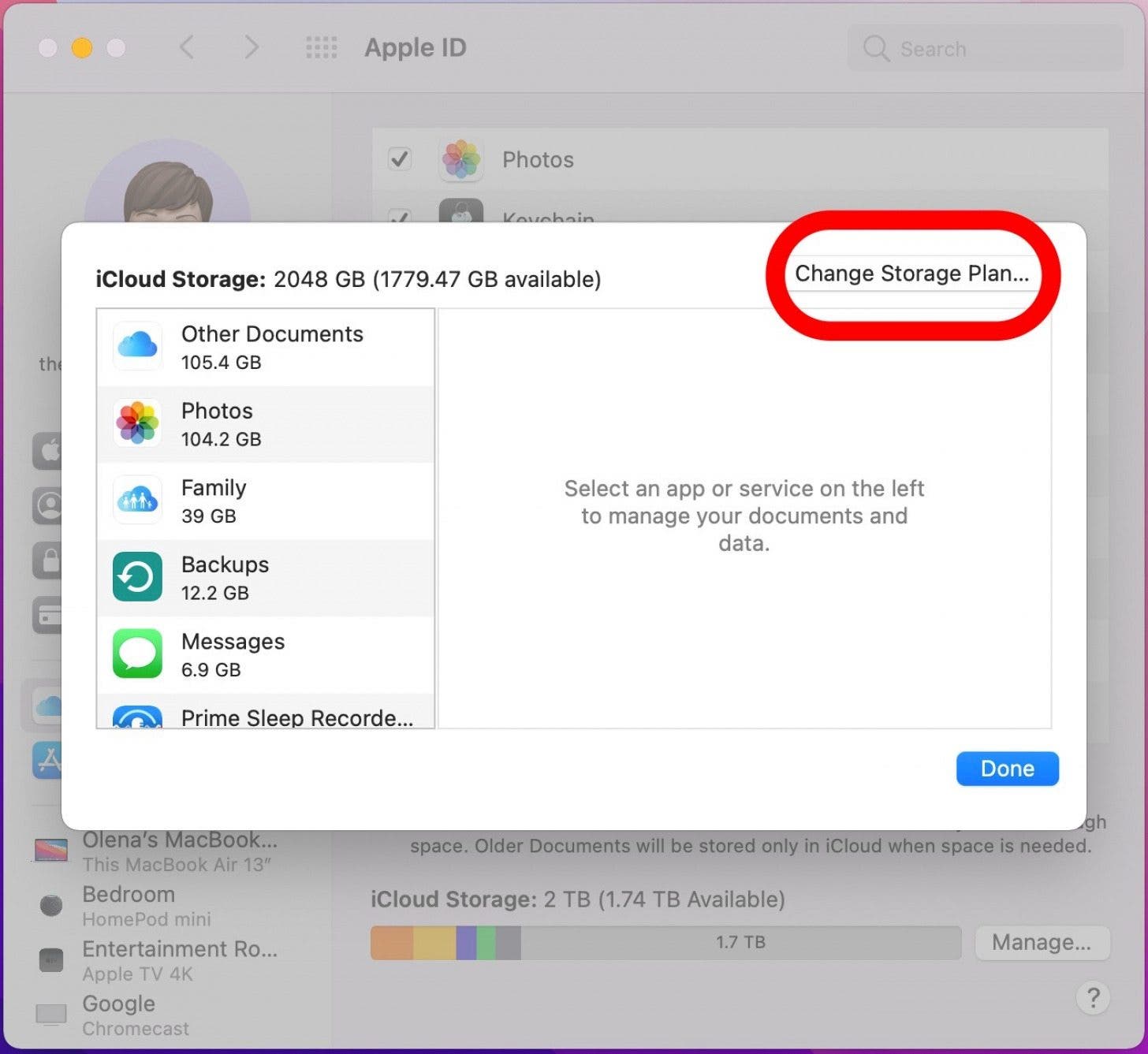 Select Change Storage Plan - how to backup your mac
