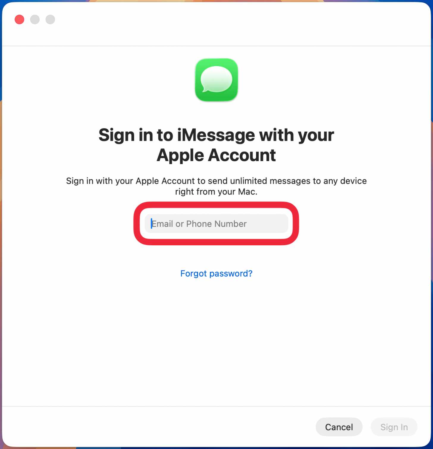 a screenshot of the mac messages app displaying a log in screen with a red box around email entry field