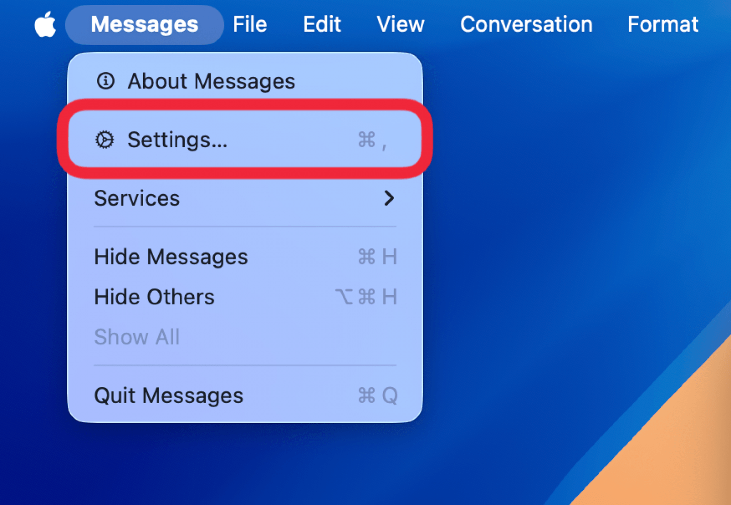 a screenshot of the mac home screen displaying a dropdown menu from the task bar under messages, with a red box around settings button