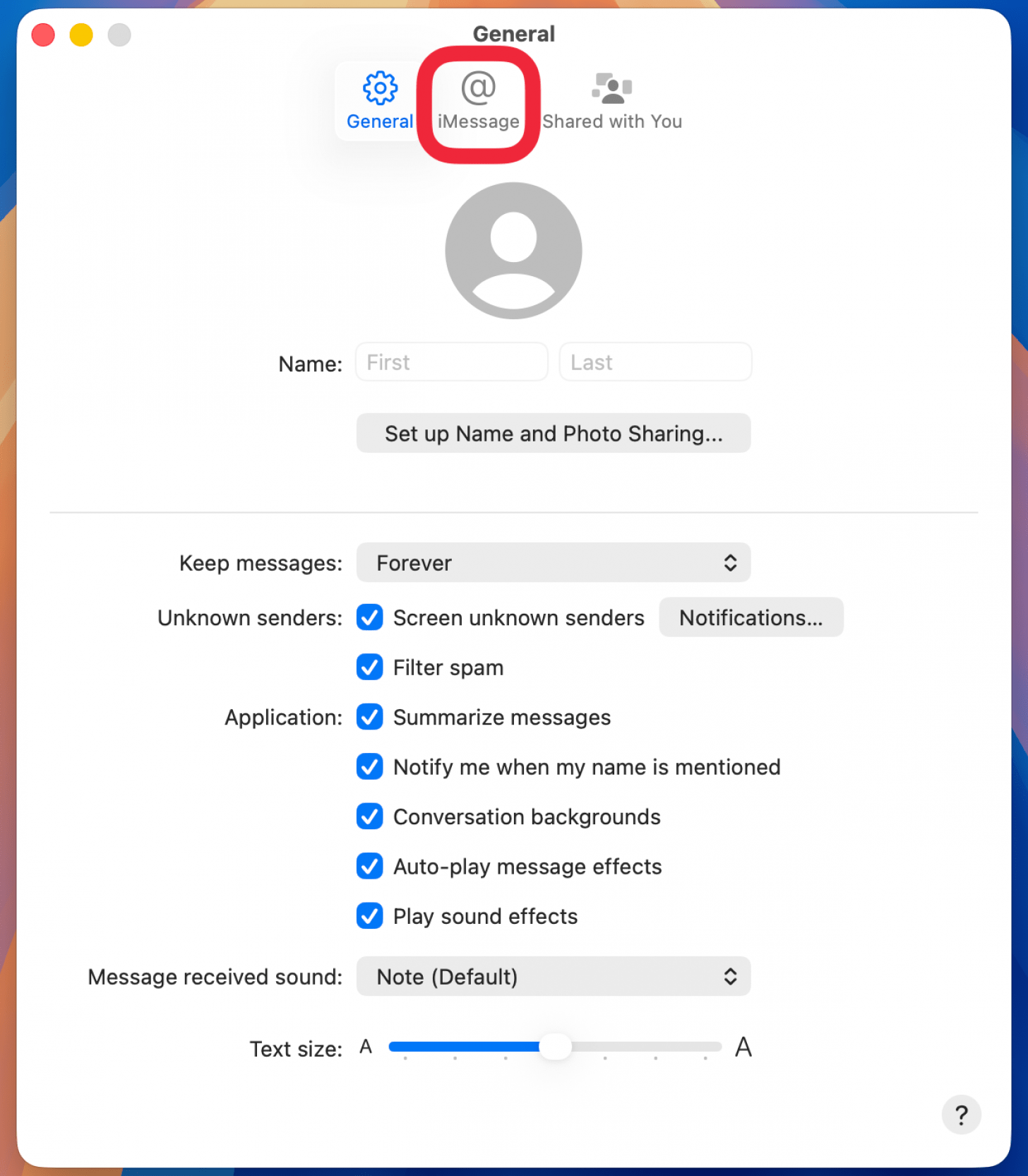 a screenshot of the mac messages app settings with a red box around imessage tab
