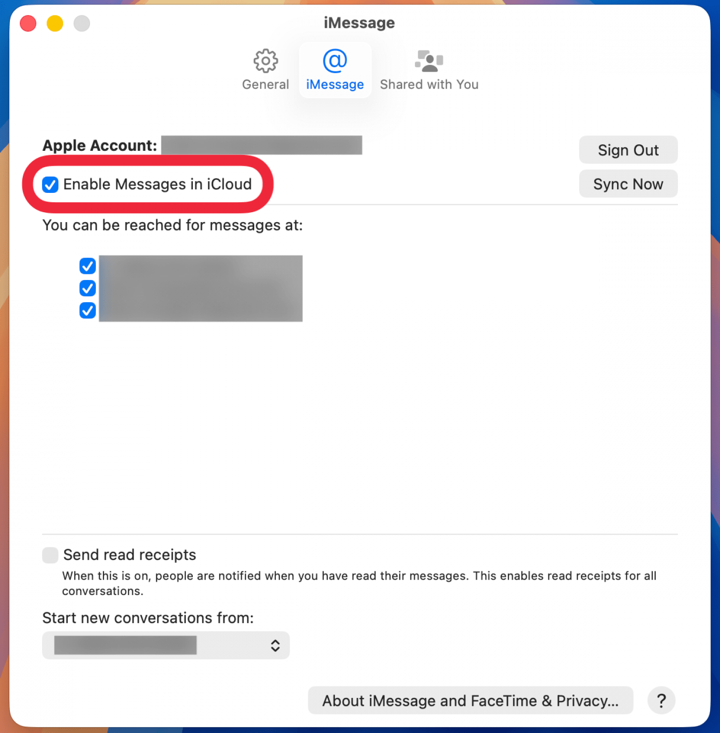 a screenshot of the mac imessage settings with a red box around enable messages in icloud option