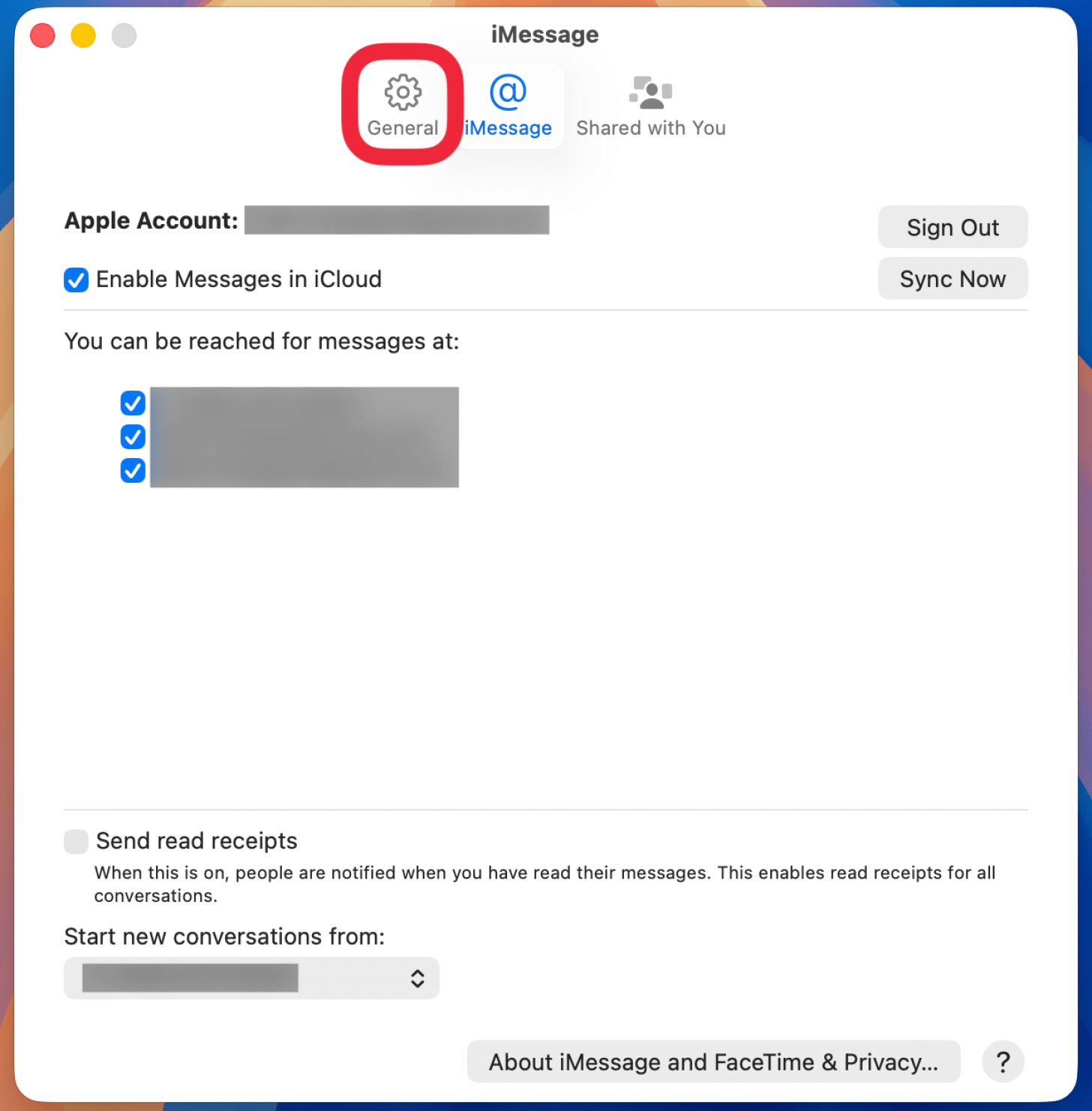 a screenshot of the mac imessage settings with a red box around general tab