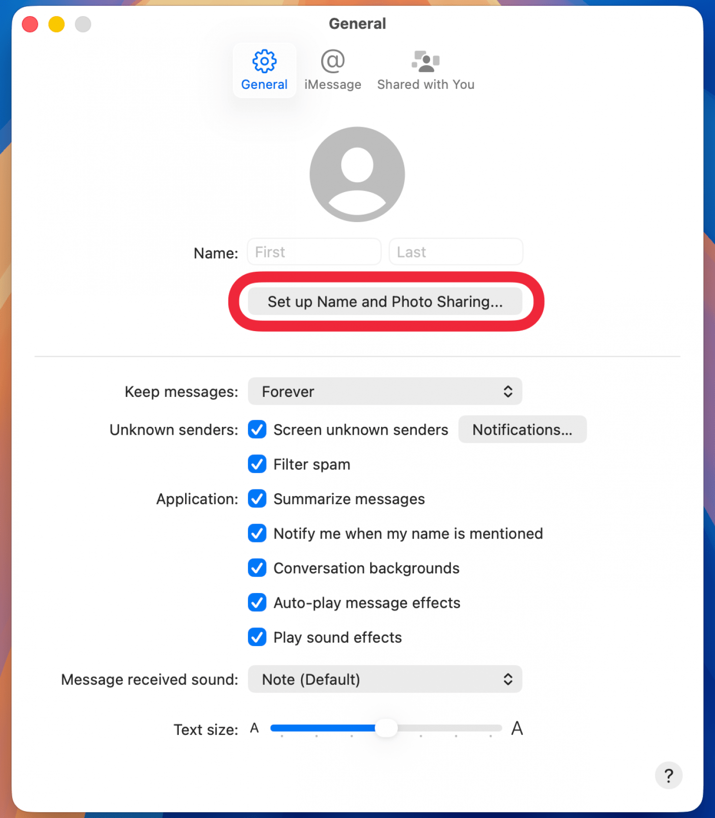 a screenshot of the mac messages app general settings with a red box around set up name and photo sharing button