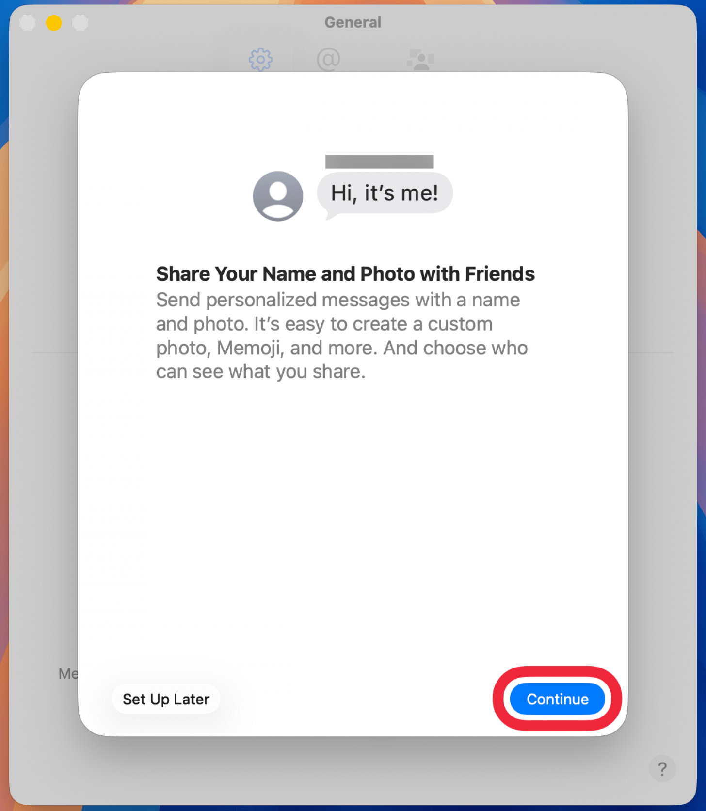 a screenshot of the mac messages name and photo sharing setup screen with a red box around continue button