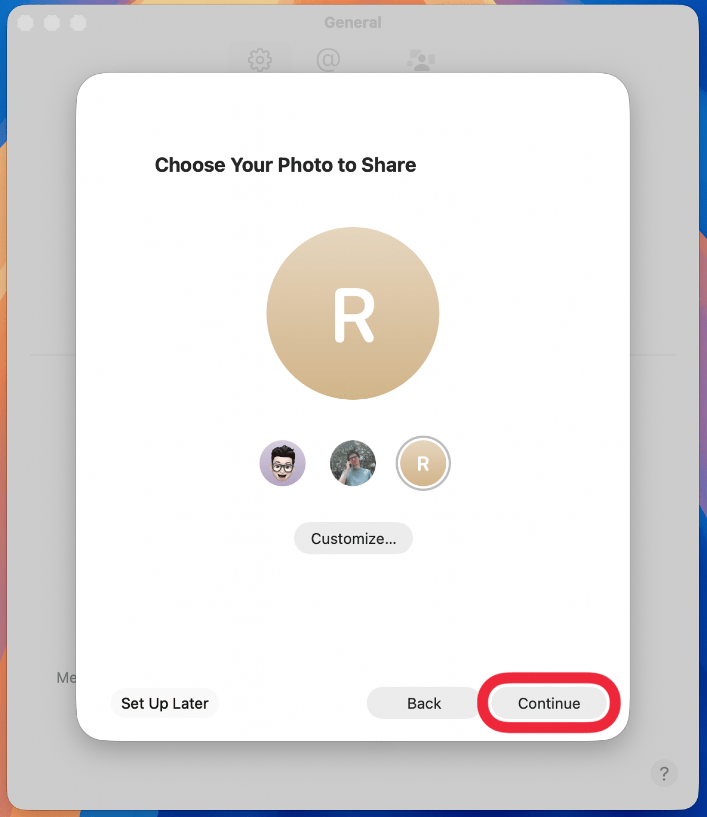 a screenshot of the mac messages name and photo sharing setup screen displaying optional photos, with a red box around continue button
