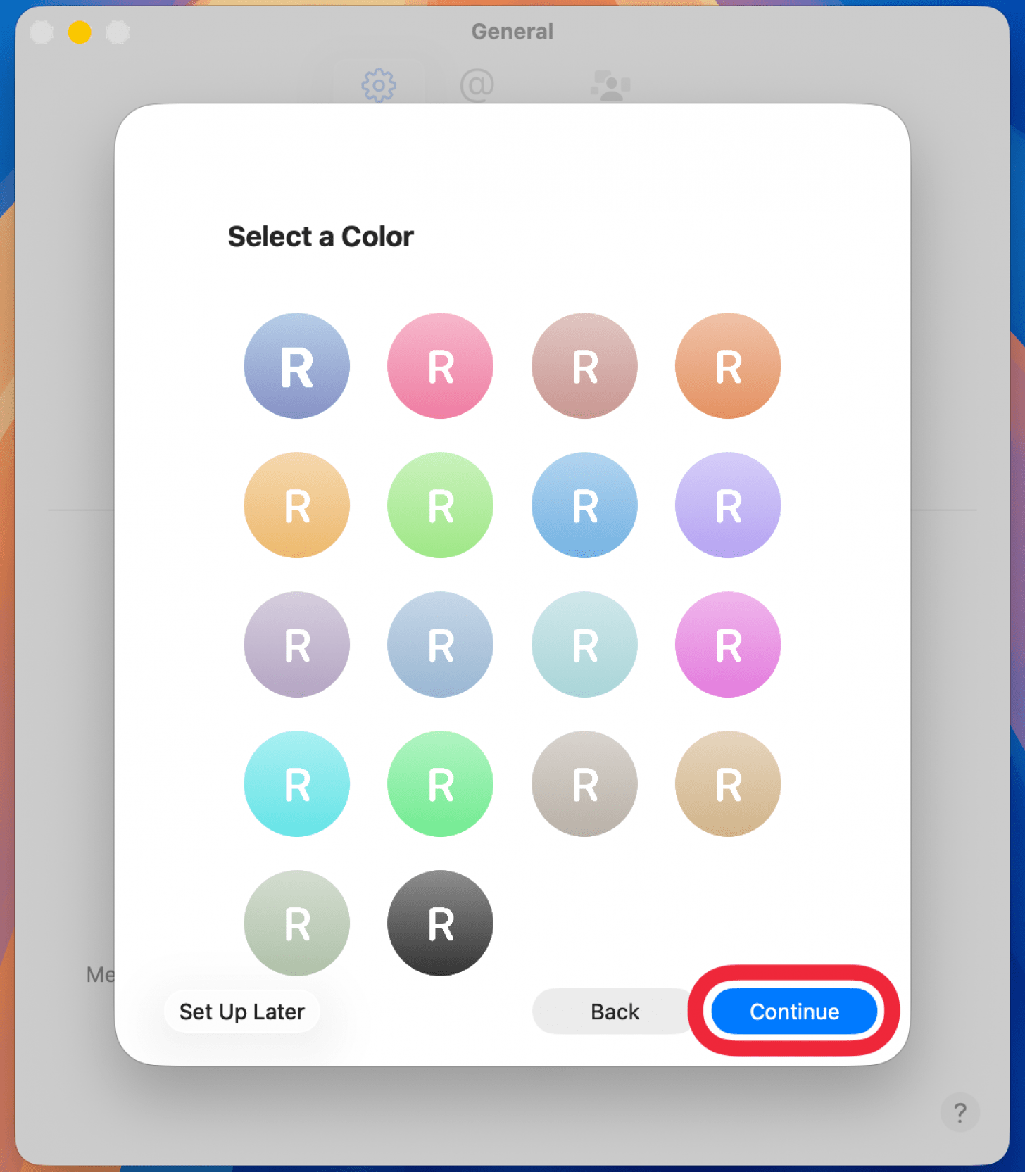 a screenshot of the mac messages name and photo sharing setup screen displaying optional icon colors, with a red box around continue button