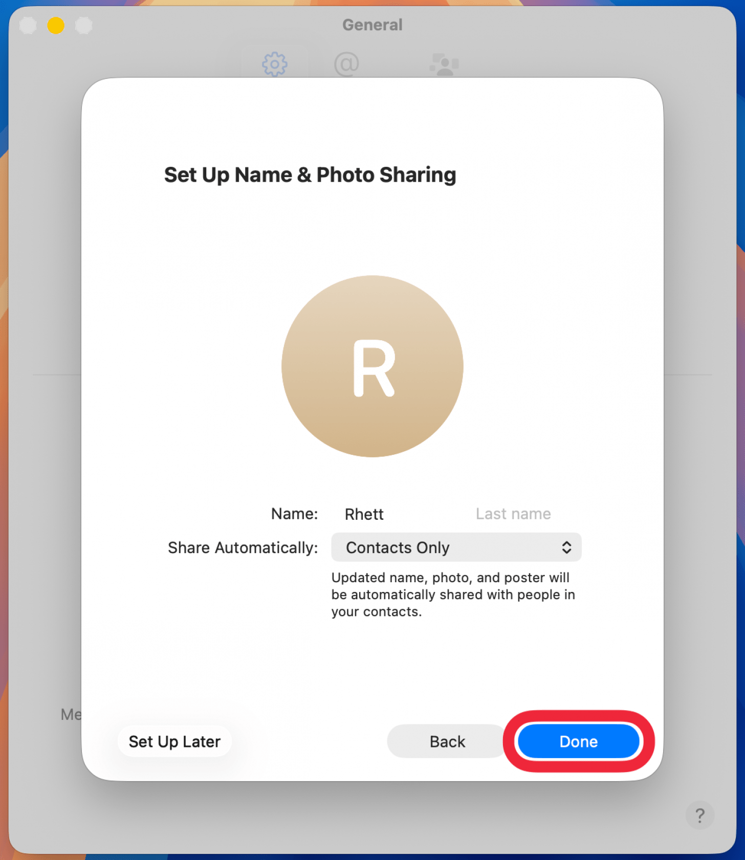 a screenshot of the mac messages name and photo sharing setup screen displaying finish setup screen, with a red box around done button