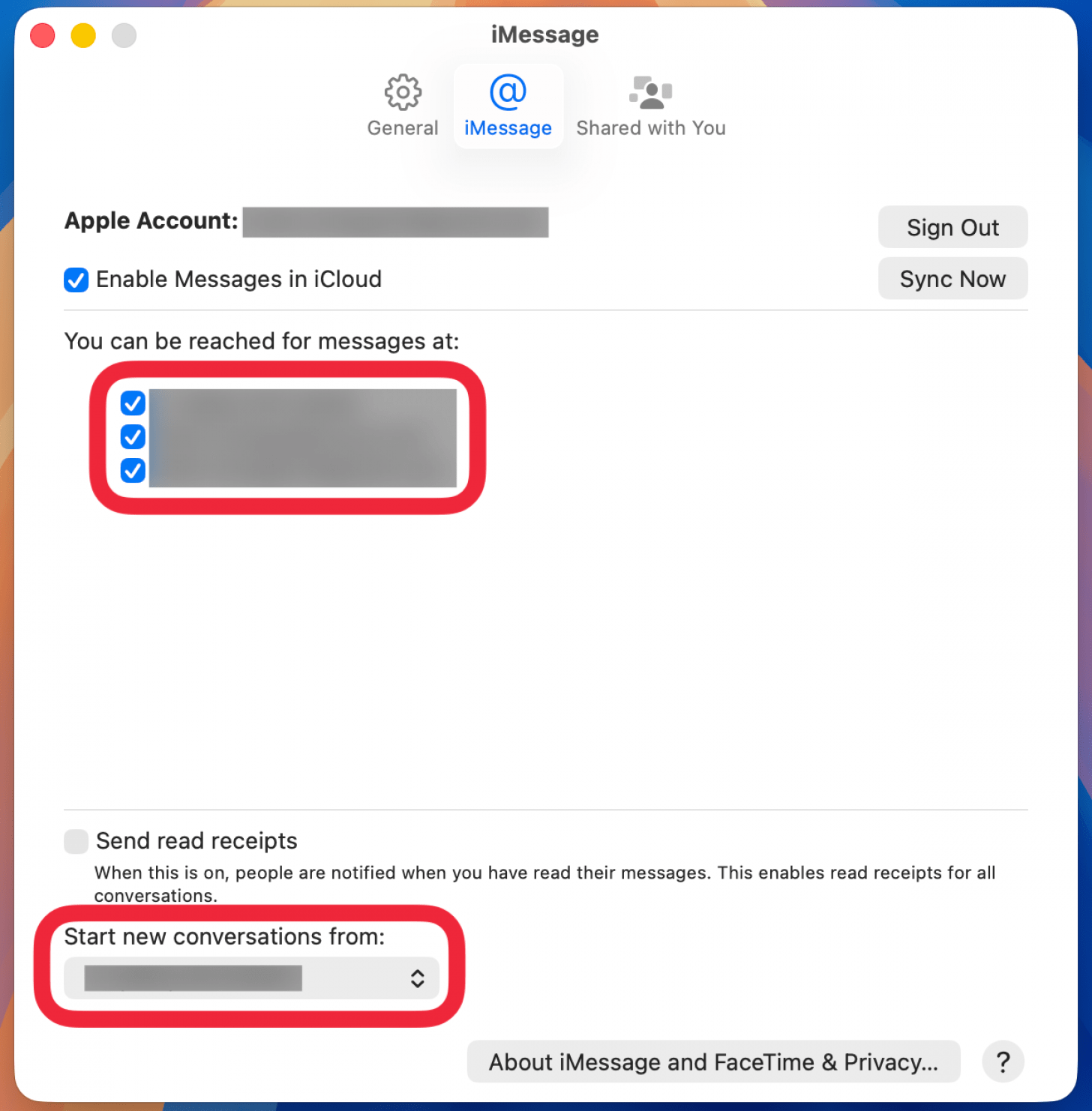 a screenshot of the mac imessage settings with red boxes around you can be reached for messages at and start new conversations from buttons