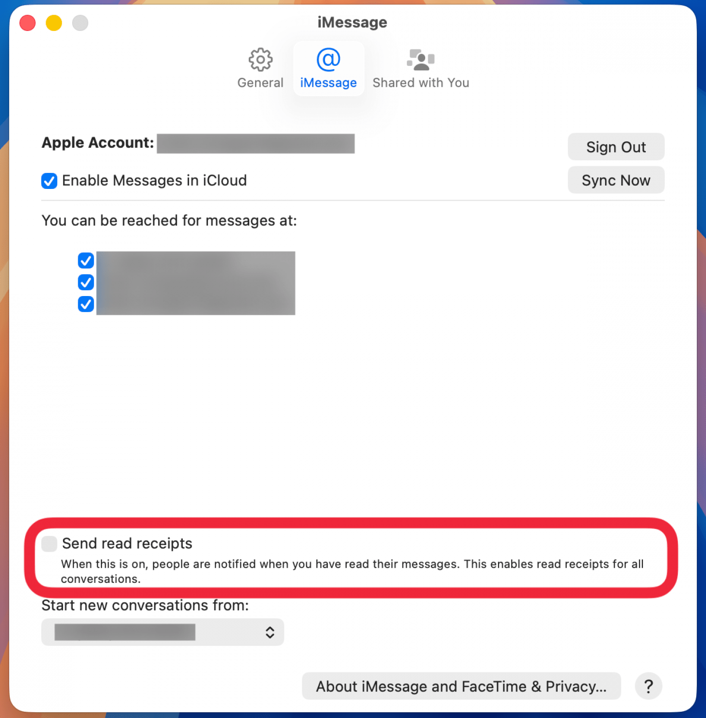 a screenshot of the mac imessage settings with a red box around send read receipts checkbox