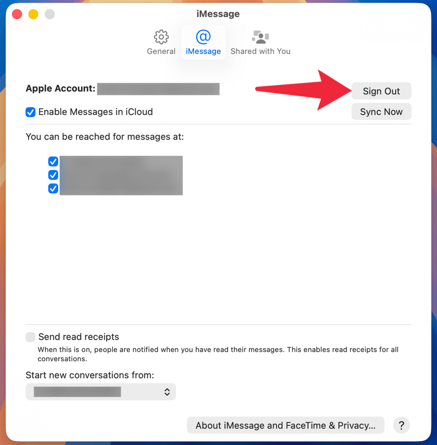 a screenshot of the mac imessage settings with a red arrow pointing at sign out button