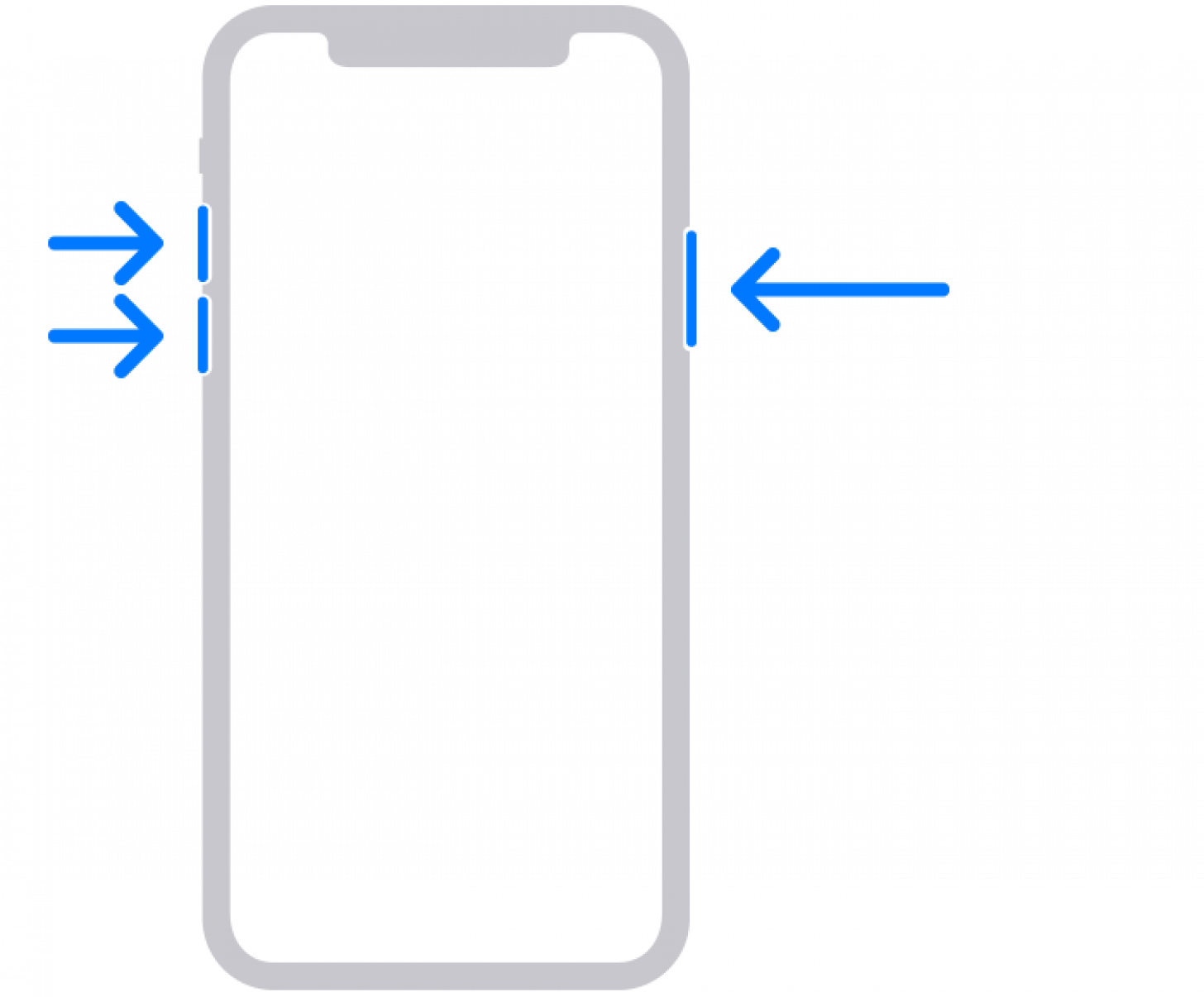iphone diagram with blue arrows pointing at the volume up, volume down, and side buttons