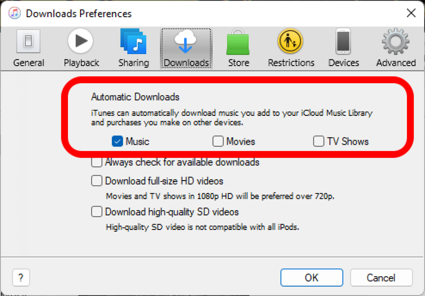 iTunes Downloads Preferences window open with Automatic Downloads options marked.