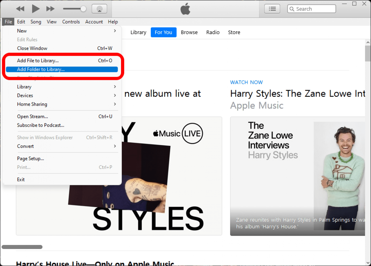 iTunes with File menu open and the two options for adding files marked.