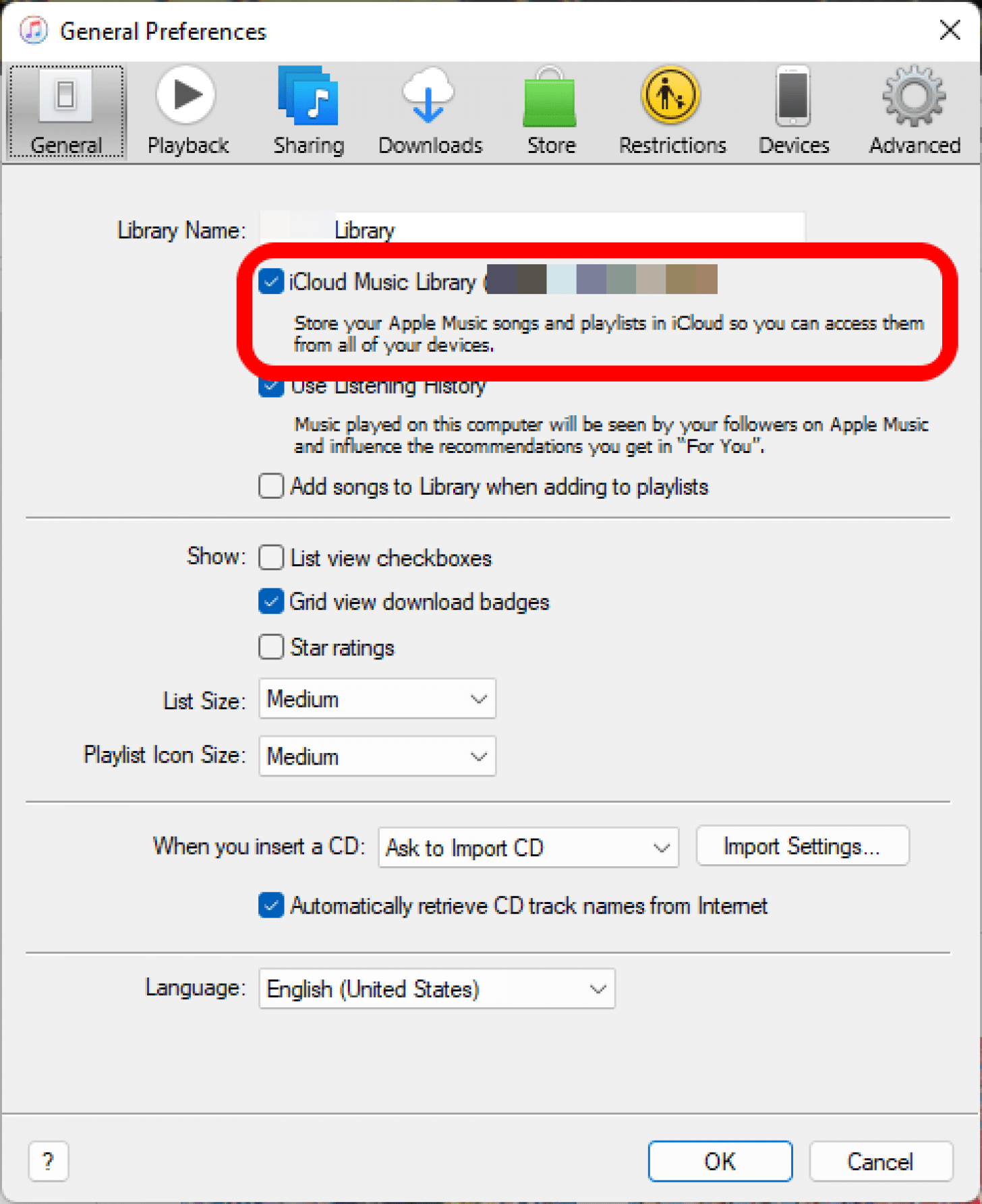 iTunes General Preferences window with the iCloud Music Library option marked.