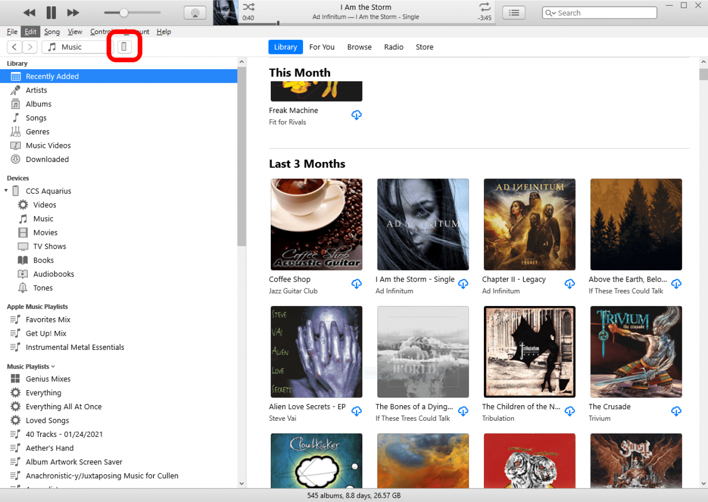 The iTunes main screen with the icon for a connect iPhone marked in the upper left.