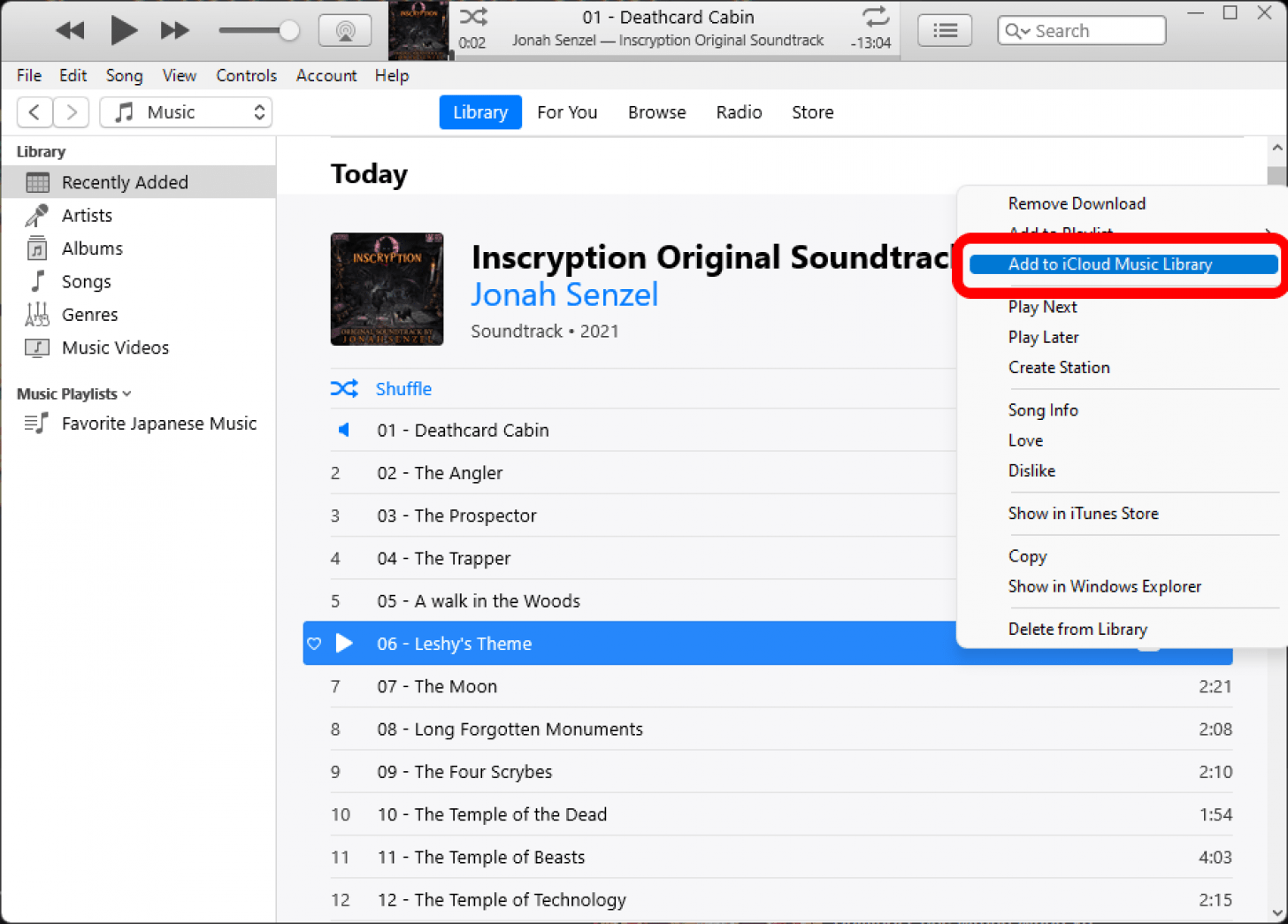 iTunes with the right click menu for a track open and the Add to iCloud option marked