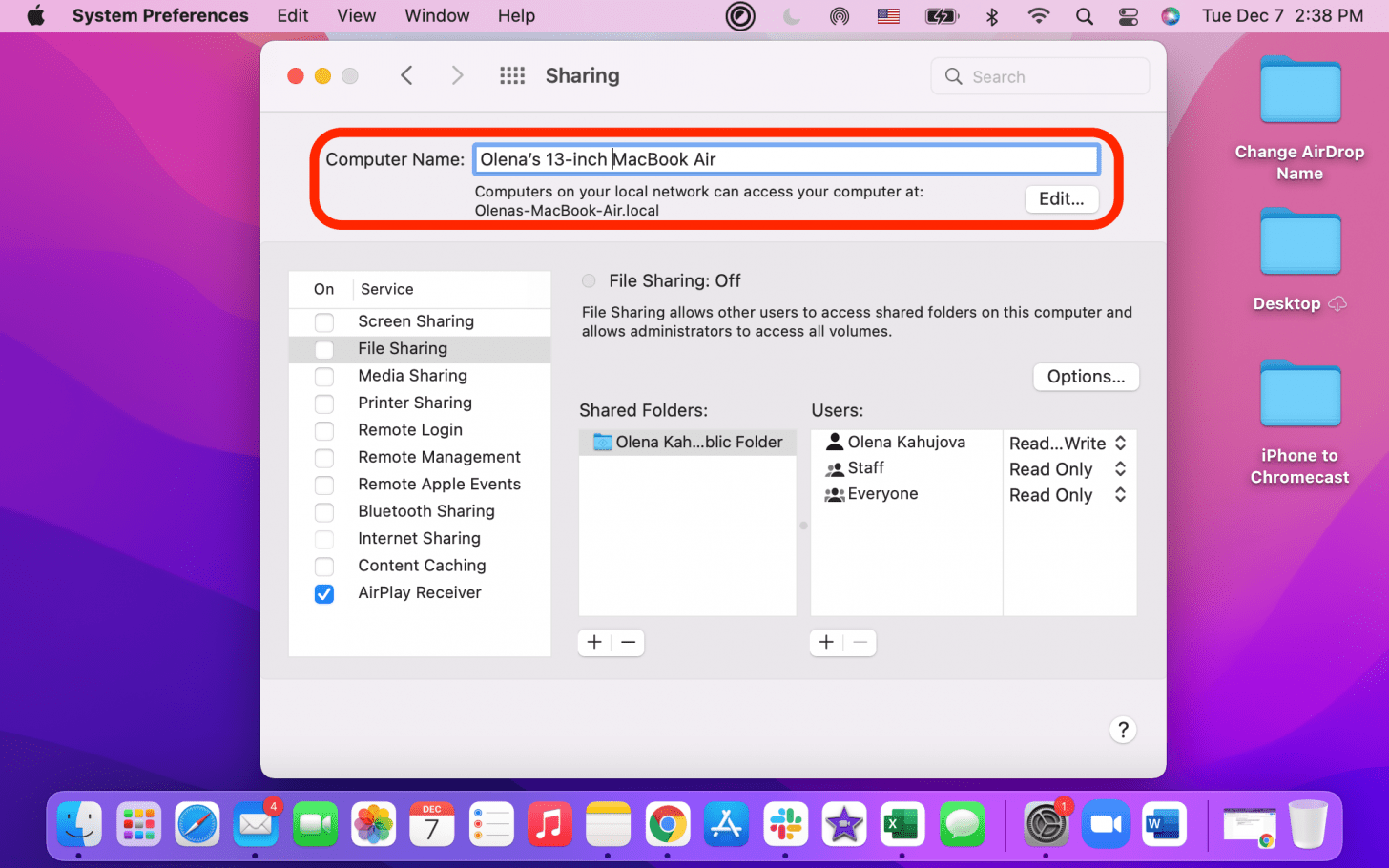 Bên cạnh Tên máy tính, bạn có thể đặt tên DropBox mới cho máy Mac của mình.