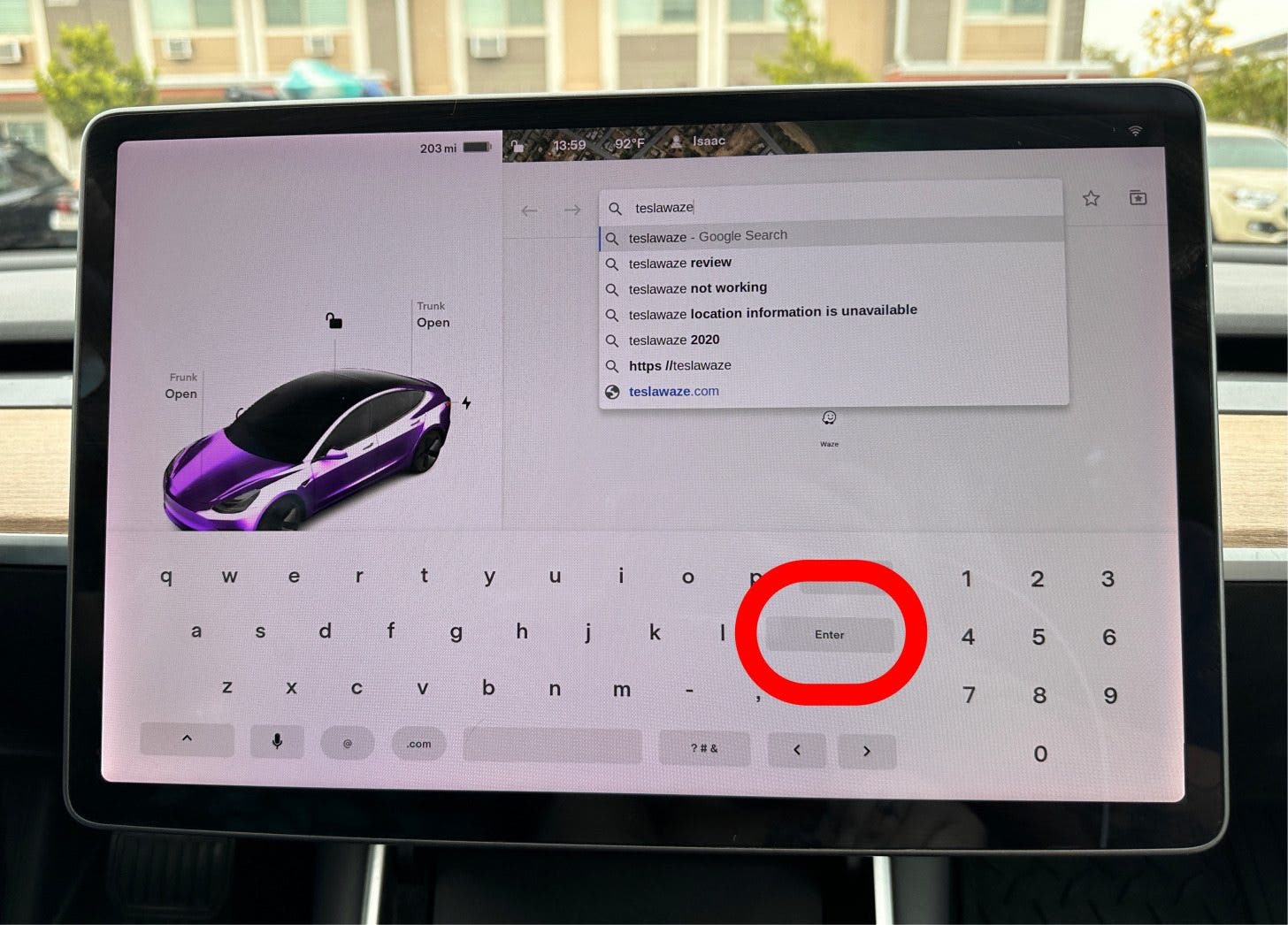 Type Tesla Waze in the search bar, then tap Enter.