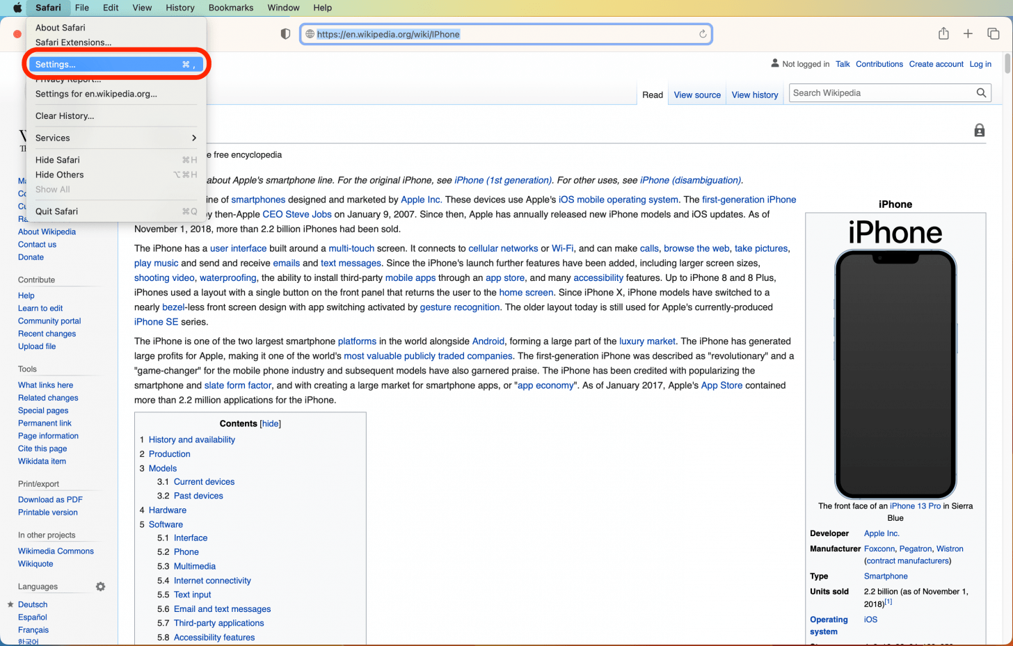 Safari in MacOS with the Safari menu open and the Settings option marked.