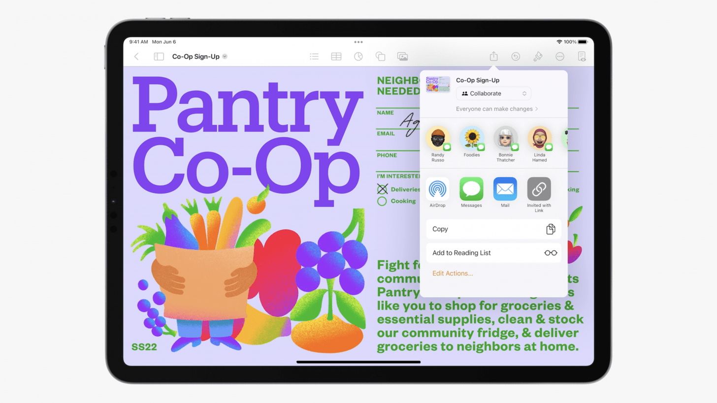 Image from Apple WWDC presentation showing an open document with a share sheet for collaboration on iPad.